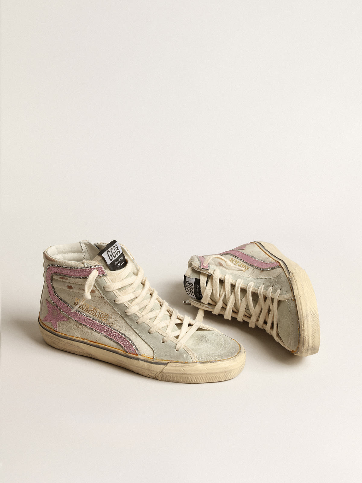 Golden Goose - Slide LTD in beige with pink metallic leather star and flash in 