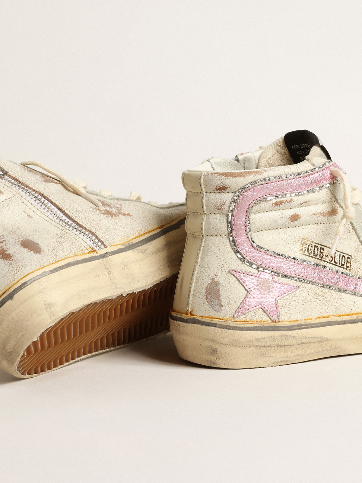 Golden Goose - Slide LTD in beige with pink metallic leather star and flash in 