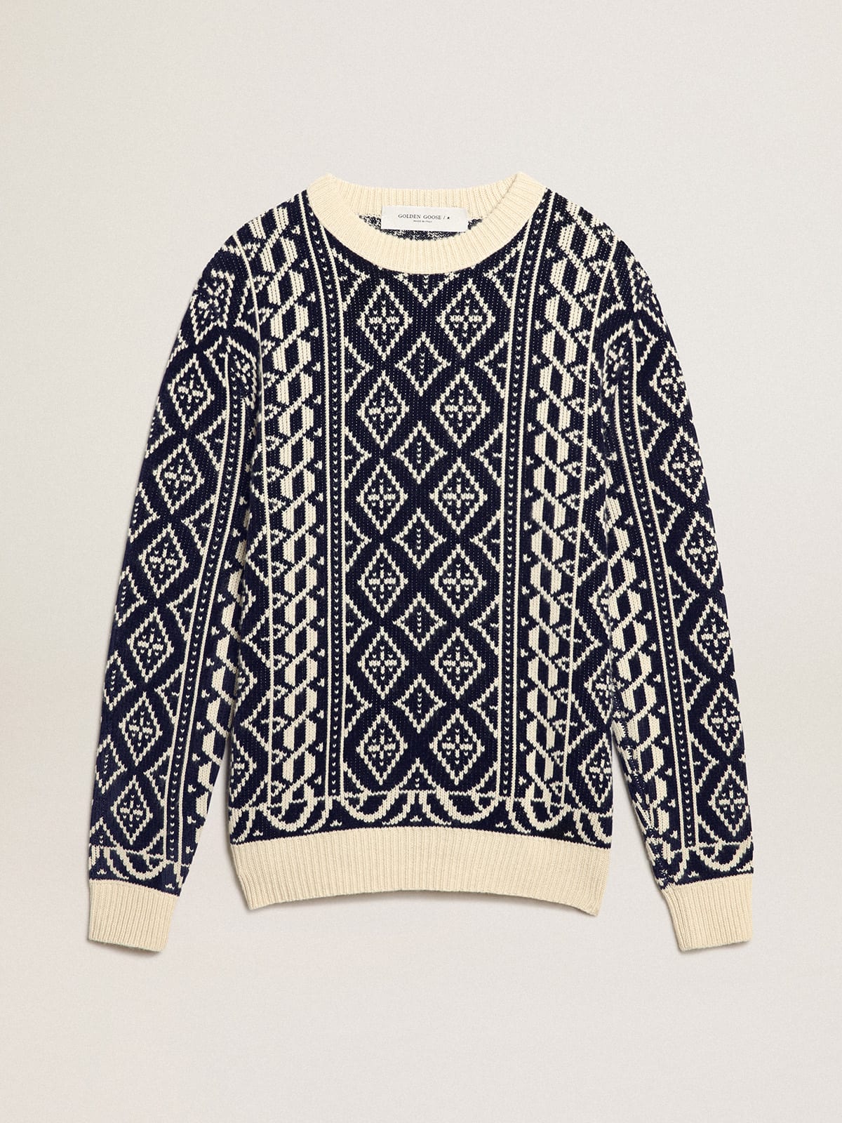 Golden Goose - Round-neck sweater with parchment and blue geometric pattern  in 
