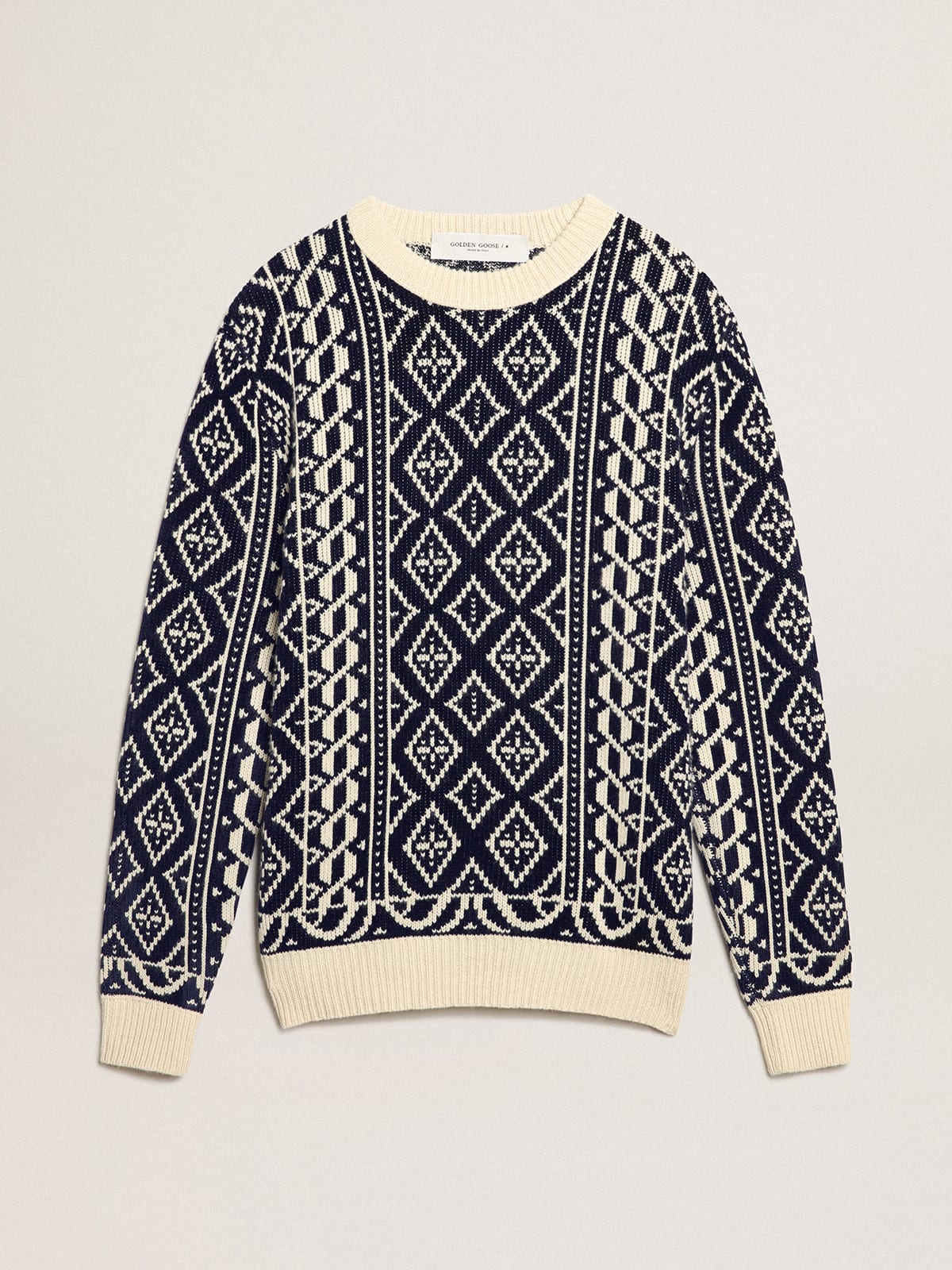 Round-neck sweater with parchment and blue geometric pattern