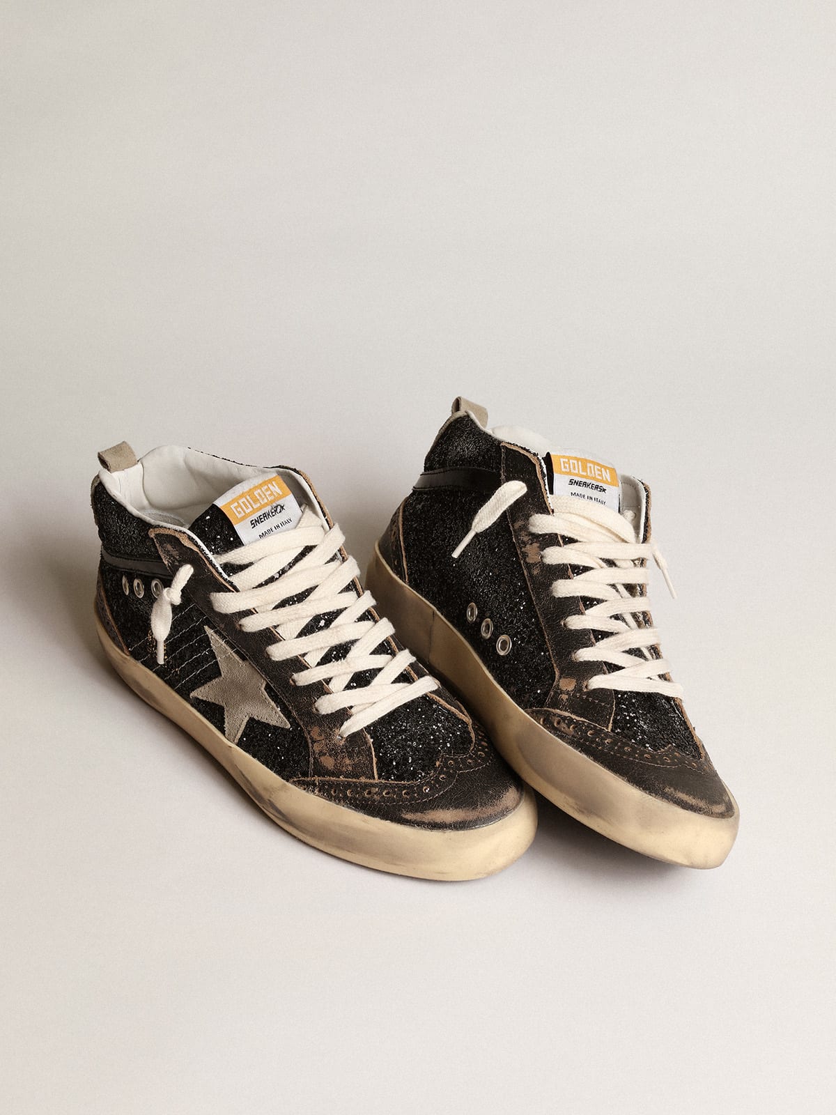 Golden Goose - Women's Mid Star in black glitter with dove-gray suede star and heel tab in 