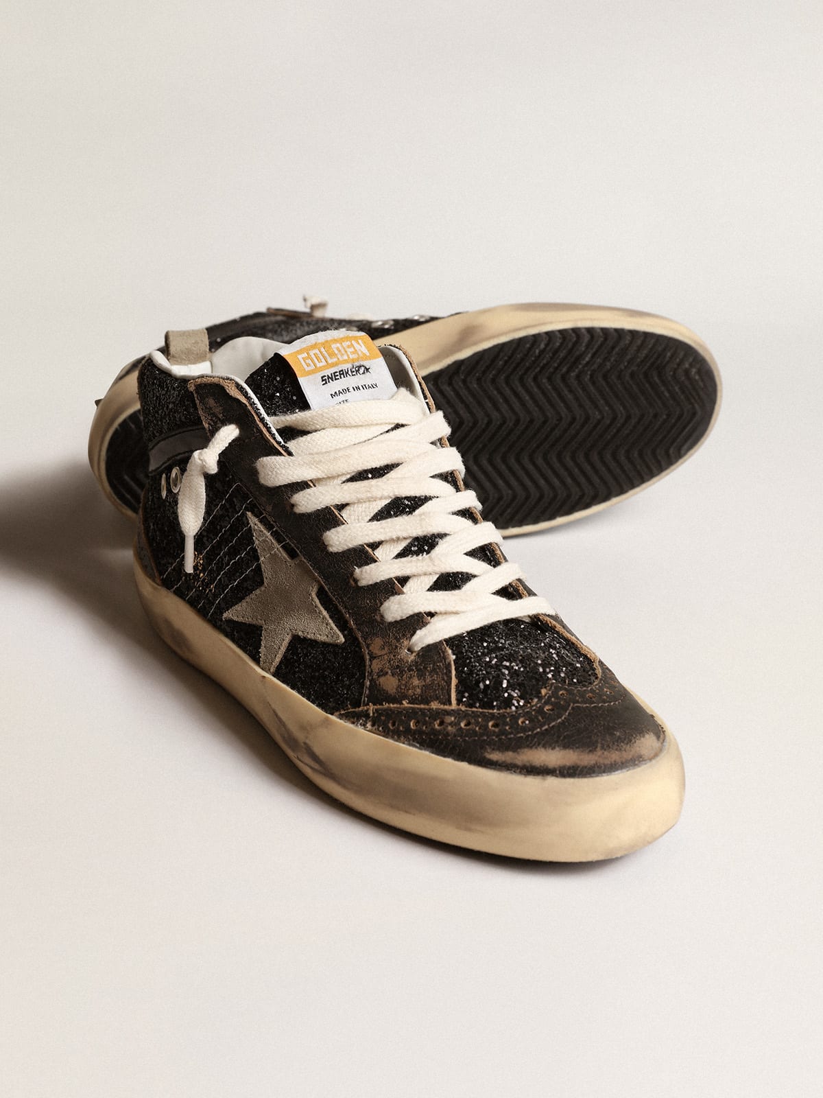 Golden Goose - Mid Star in black glitter with dove-gray suede star and heel tab in 