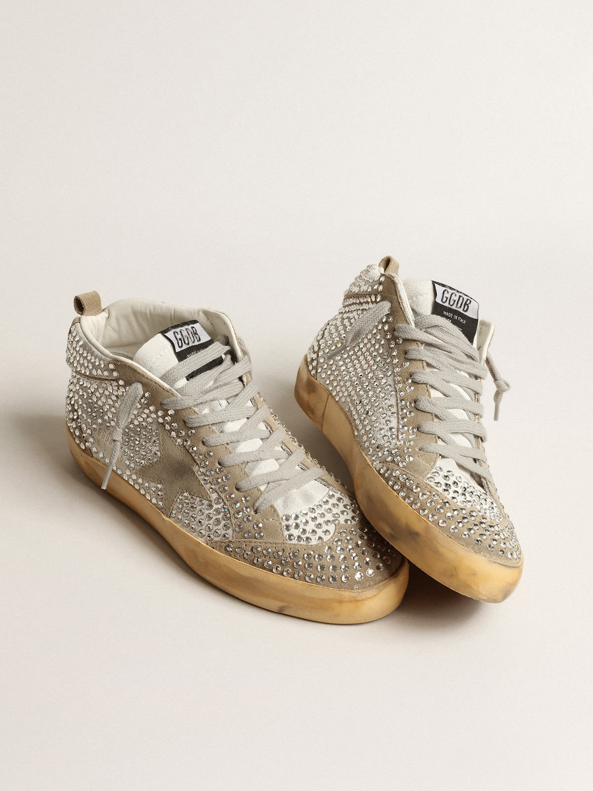 Golden Goose - Mid Star in white and dove-gray suede with Swarovski crystals in 