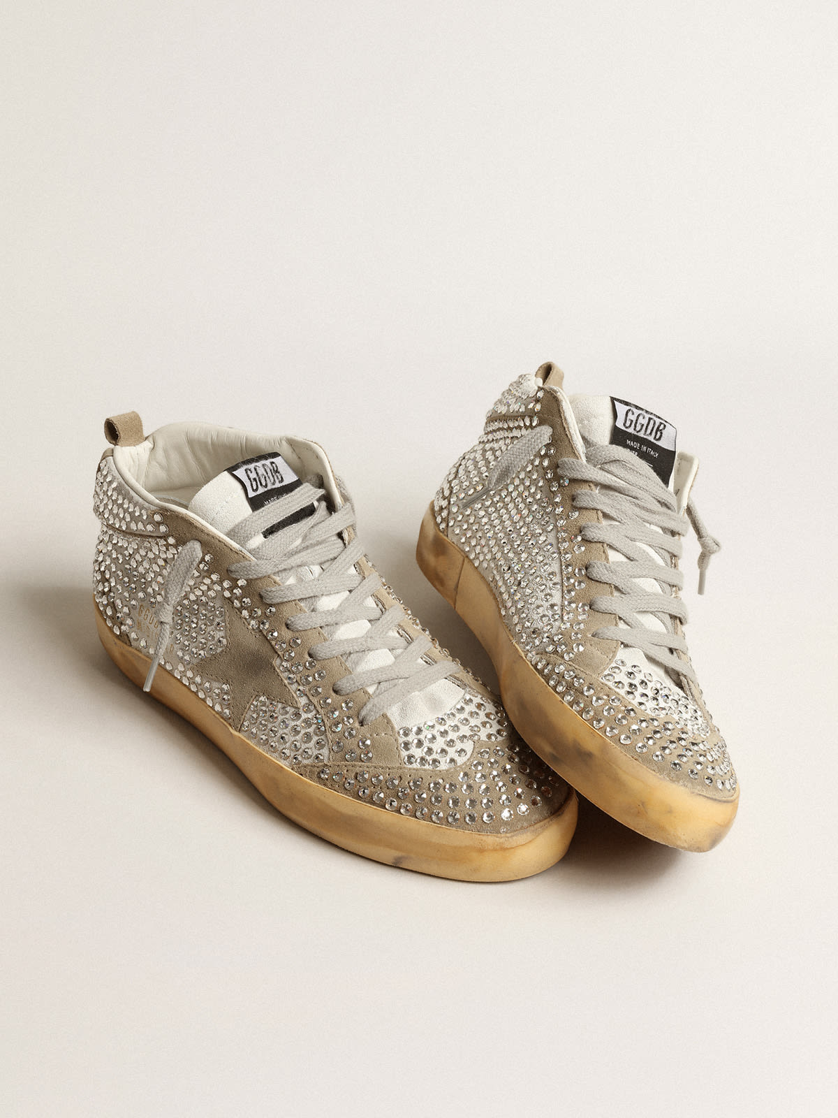 Golden Goose - Mid Star LTD in suede bianco e tortora con cristalli Swarovski in 