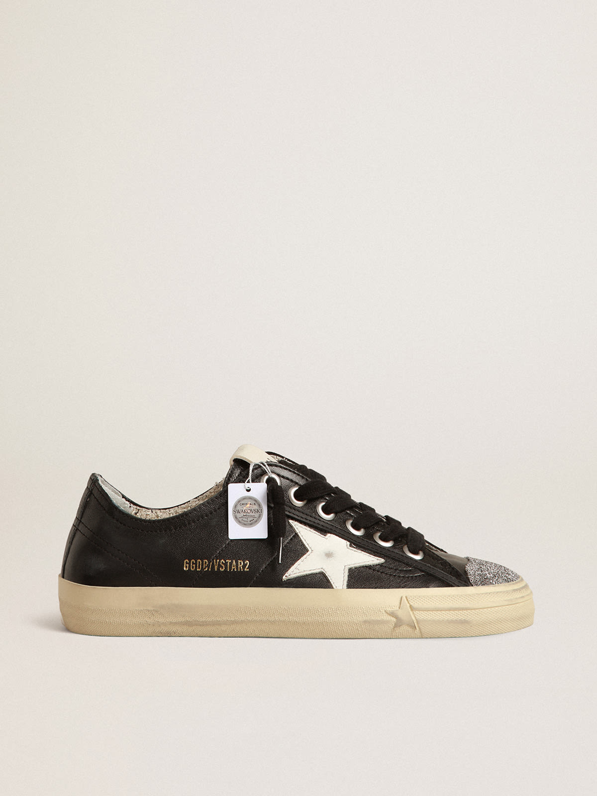 Golden Goose - V-Star in black nappa leather with white star and Swarovski crystal toe in 