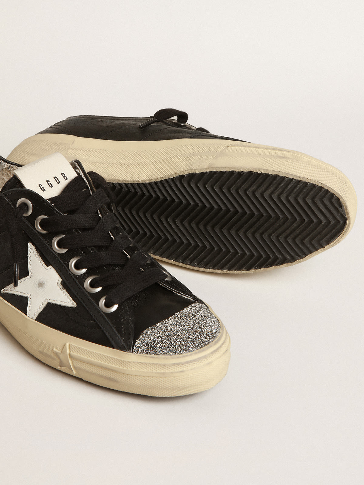 Golden Goose - V-Star in black nappa leather with white star and Swarovski crystal toe in 