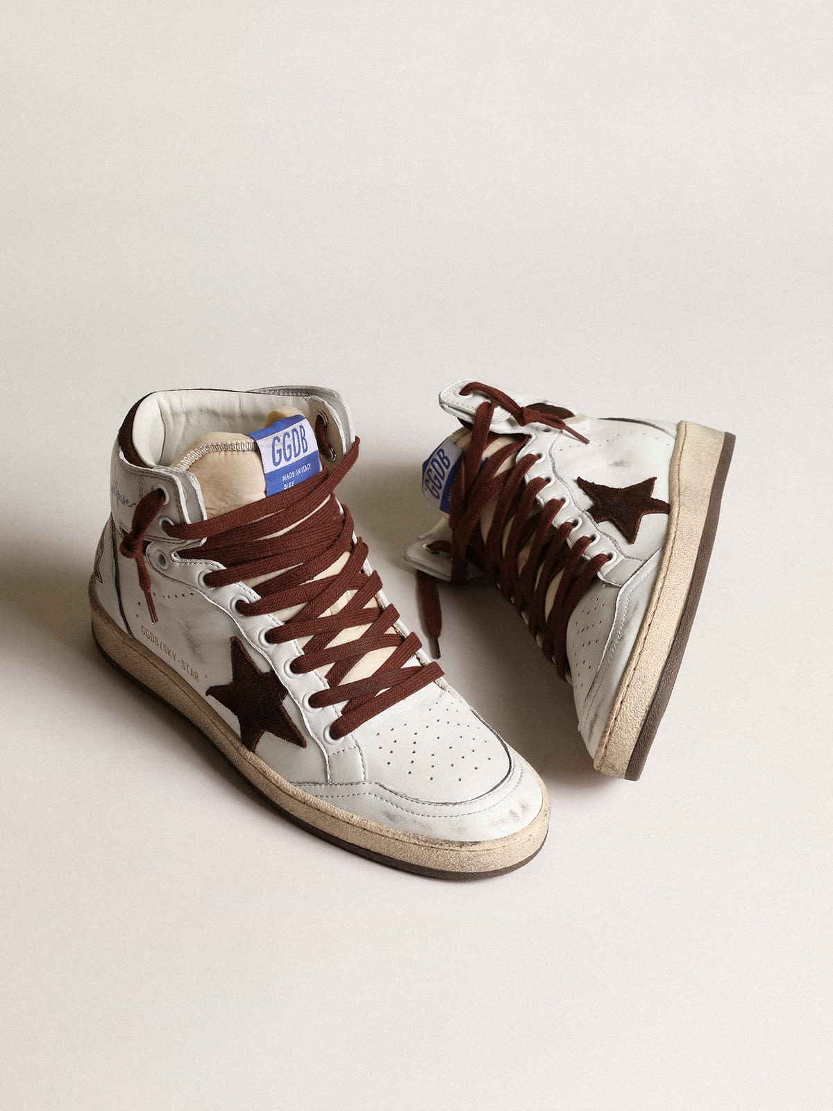 Golden Goose - Women’s Sky-Star in white nappa leather with chocolate suede star in 