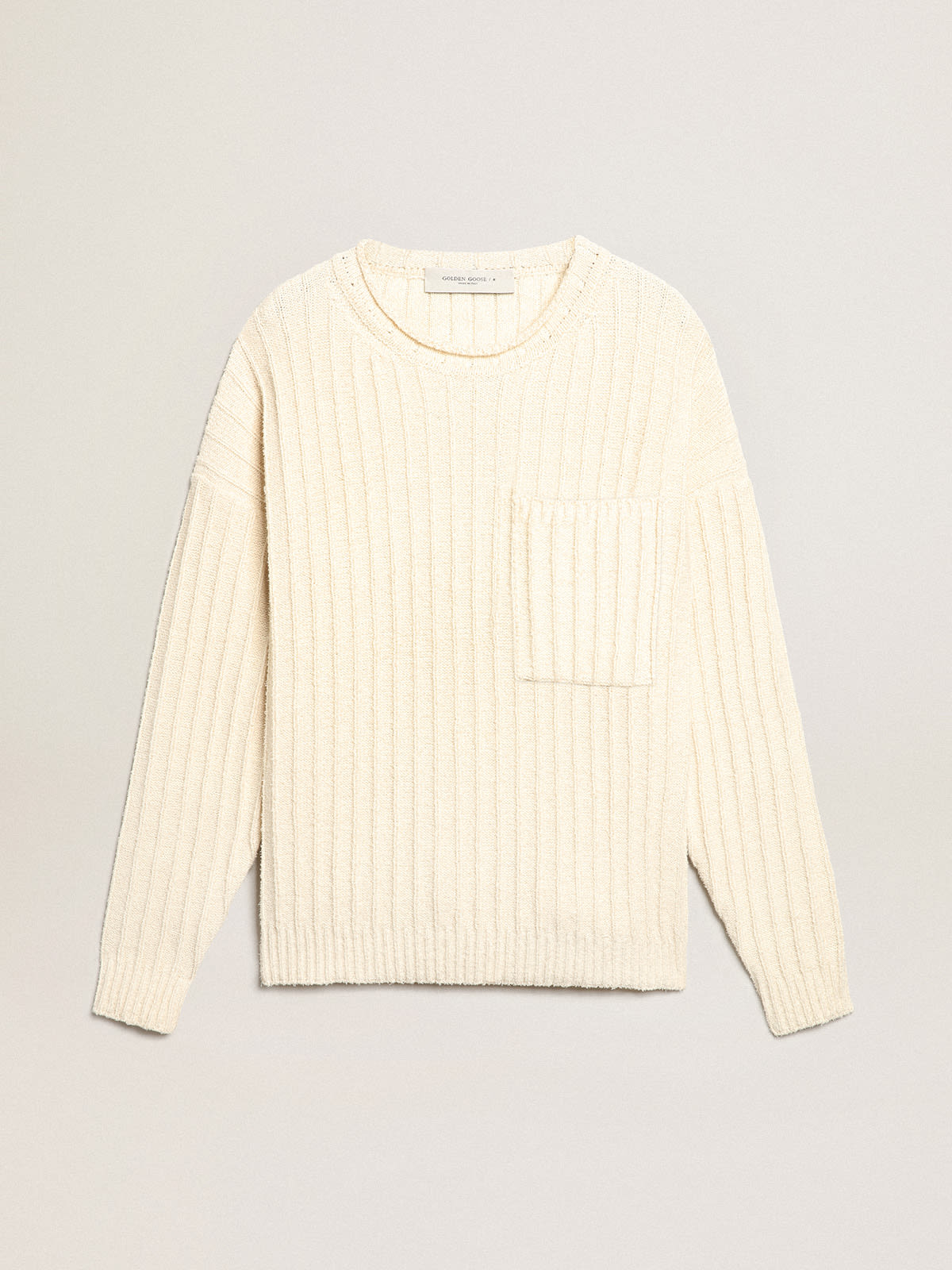 Round-neck sweater in papyrus-colored cotton-blend yarn | Golden Goose