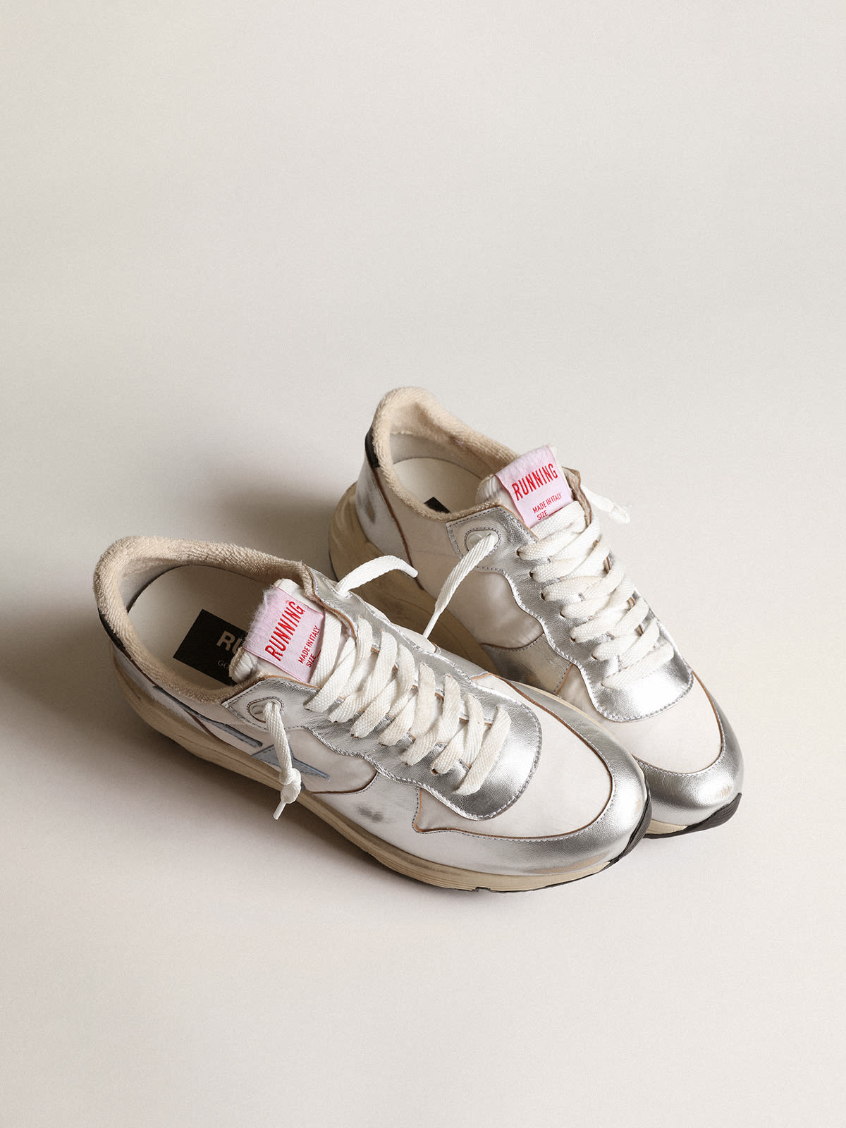 Golden Goose - Running Sole in nylon and silver metallic leather with light blue star in 