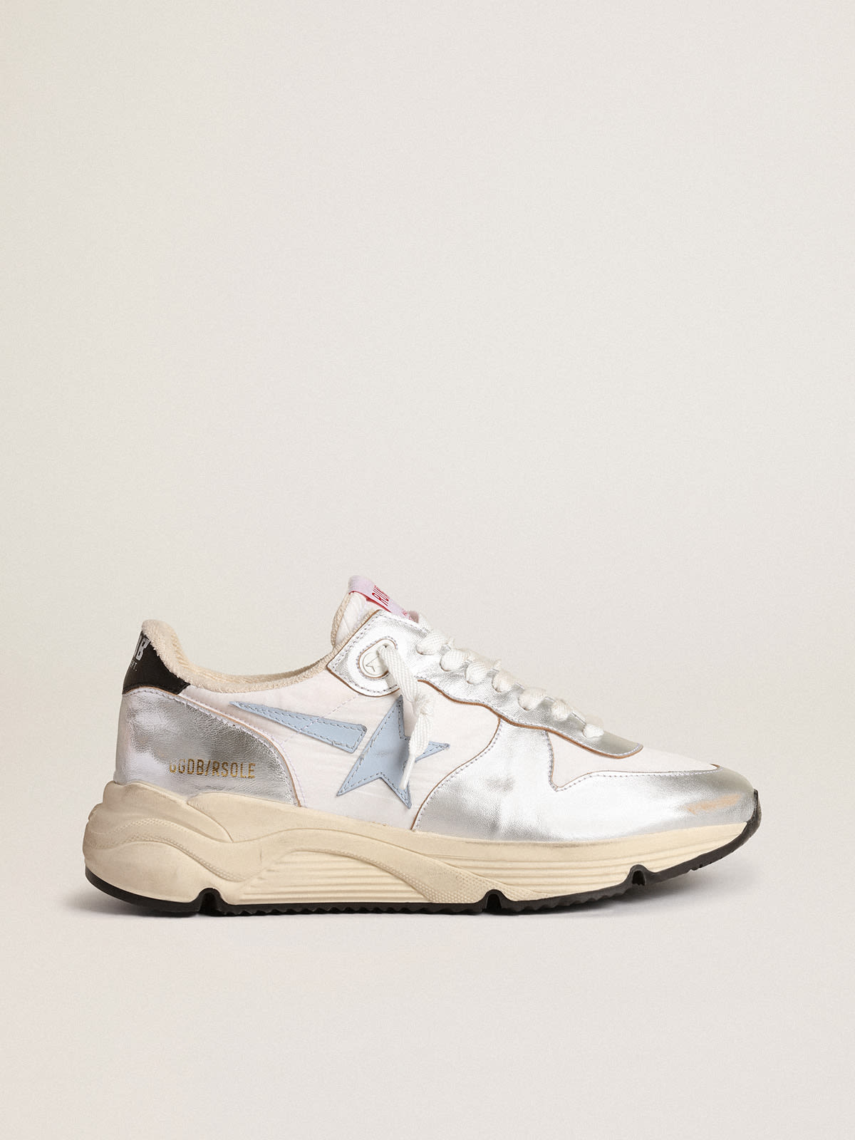 Golden Goose - Running Sole in nylon and silver metallic leather with light blue star in 