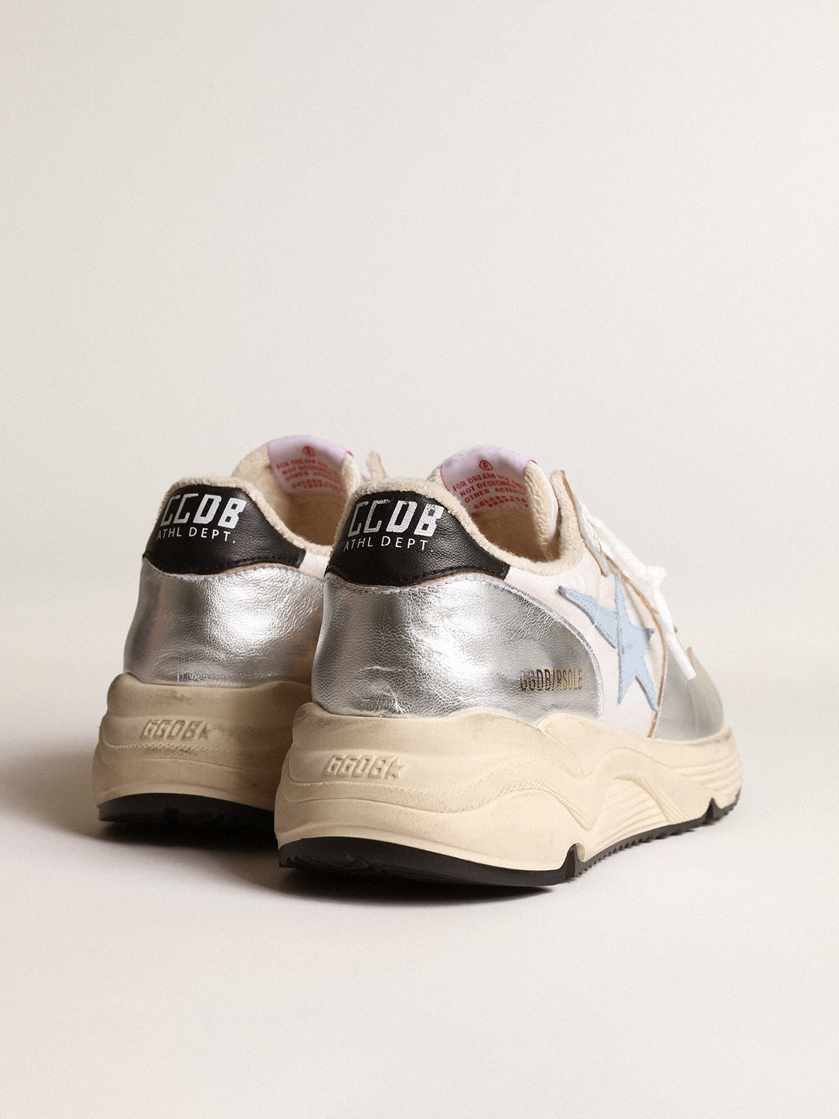 Golden Goose - Running Sole in nylon and silver metallic leather with light blue star in 