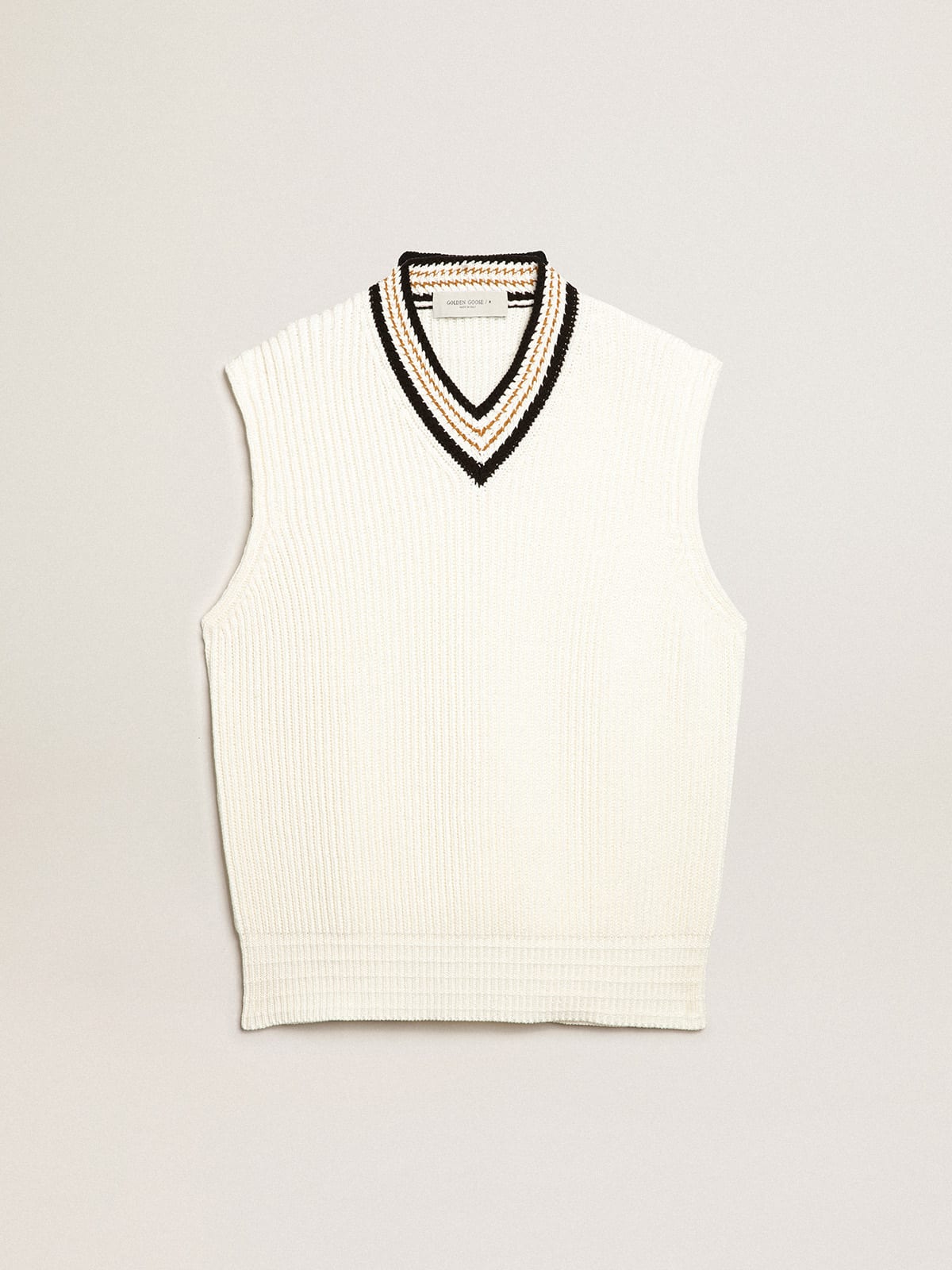 Golden Goose - V-neck vest in papyrus-colored cotton yarn in 