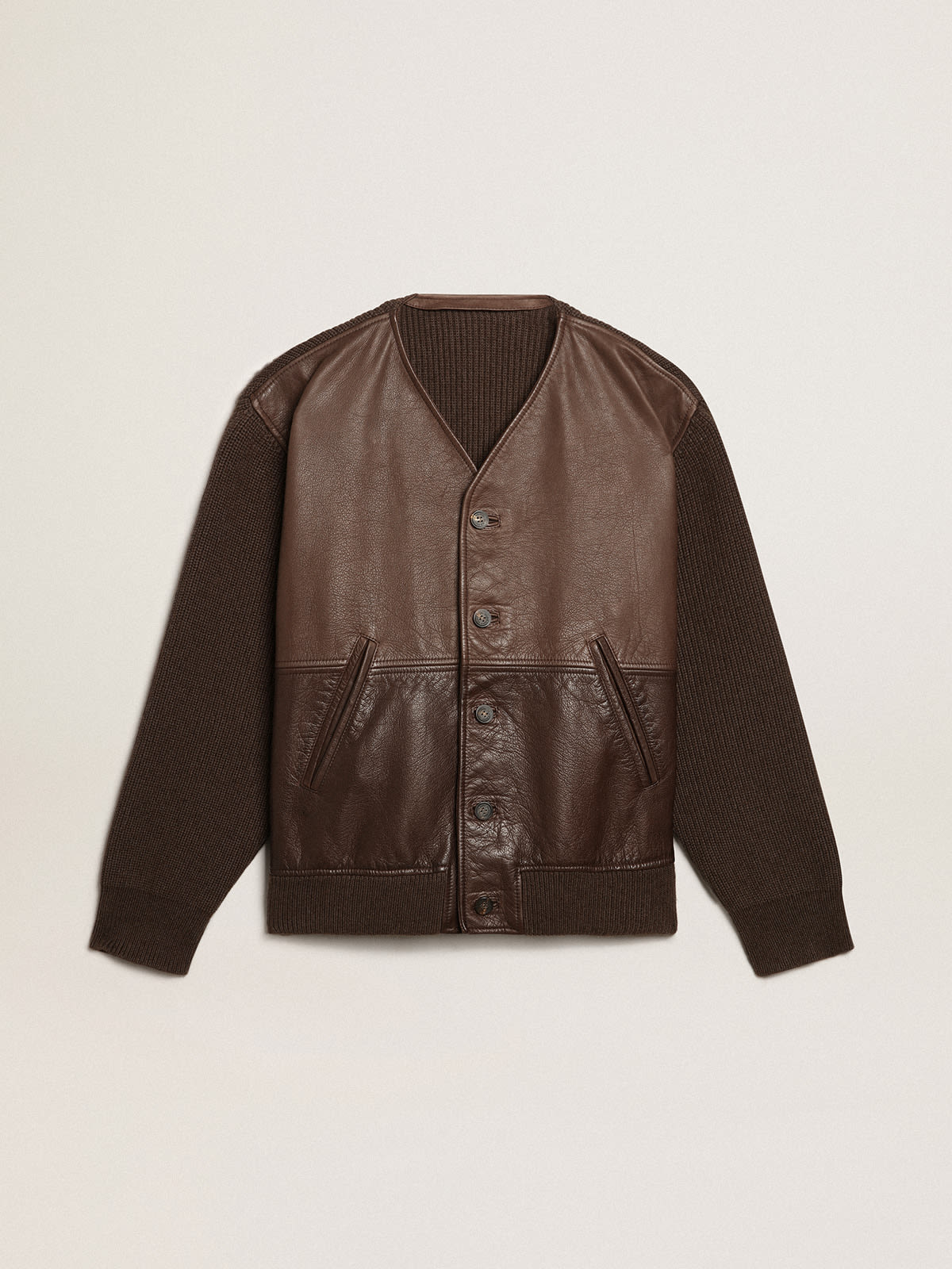 Golden Goose - Chocolate-colored leather and knit V-neck cardigan in 
