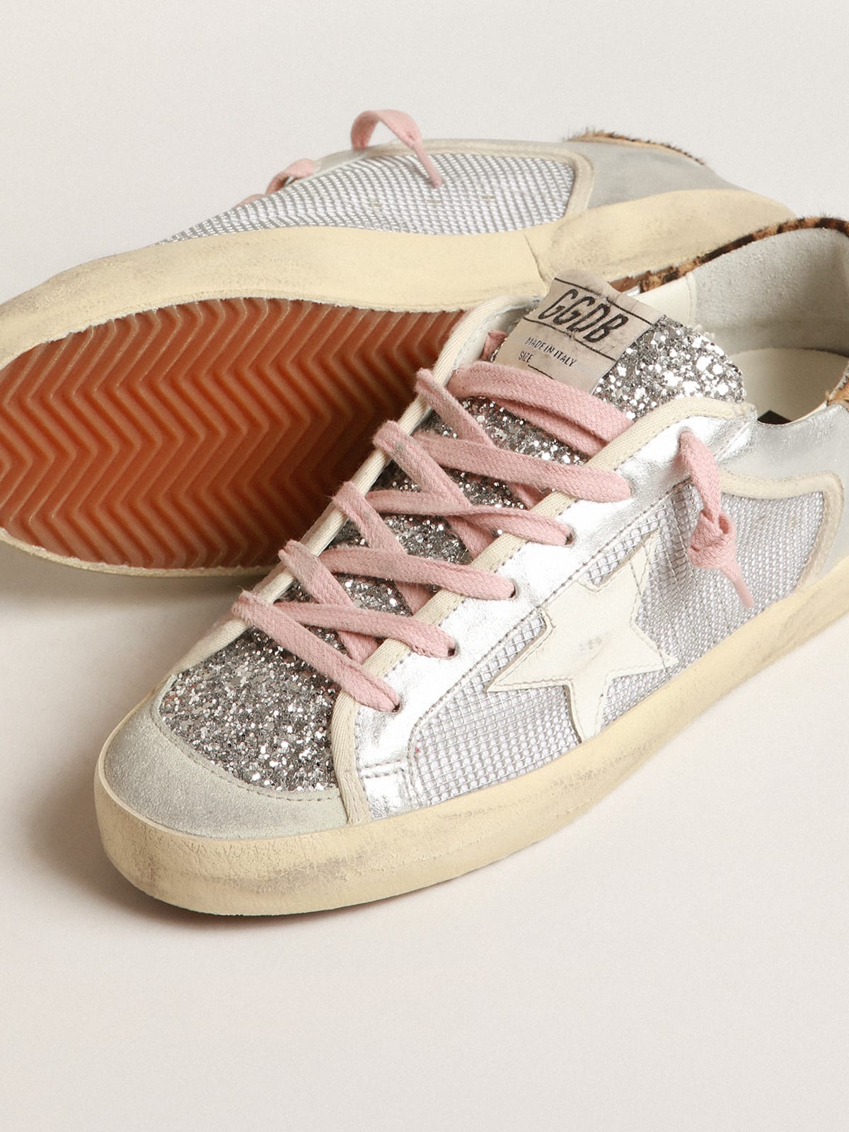 Golden Goose - Super-Star LTD in mesh and suede with silver glitter tongue in 