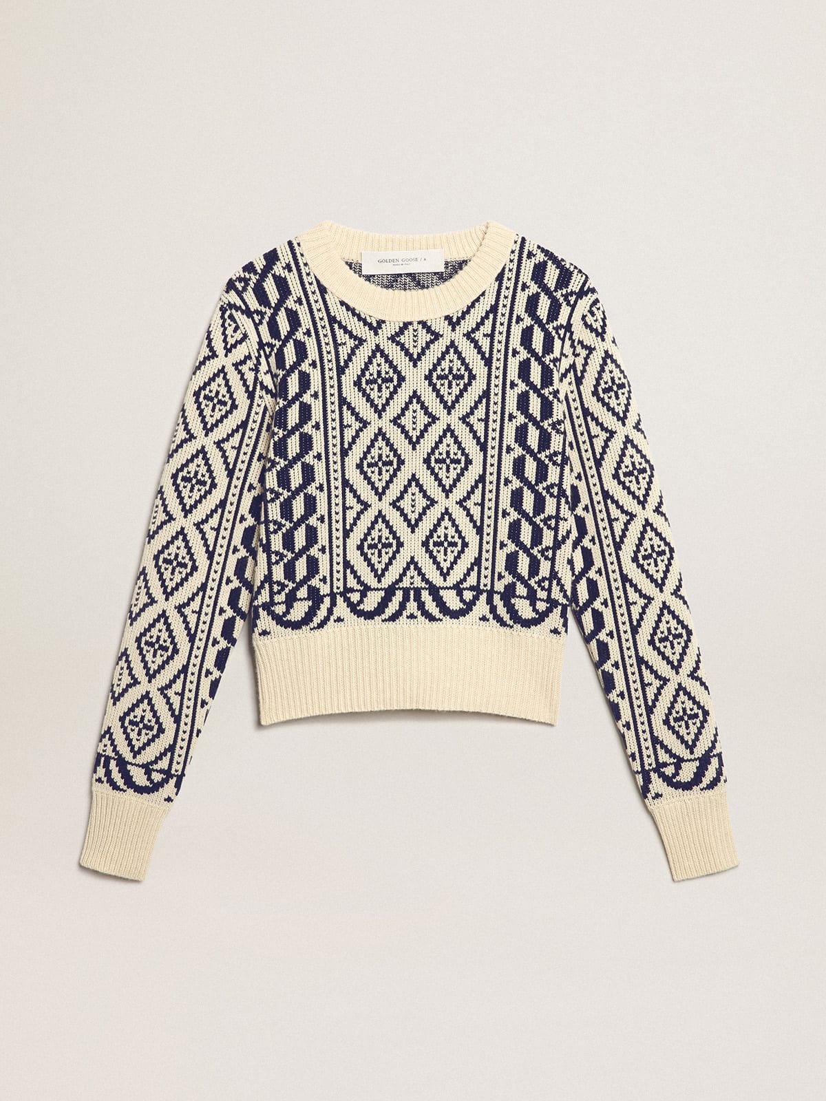 Golden Goose - Cropped round-neck sweater with parchment and blue geometric pattern  in 