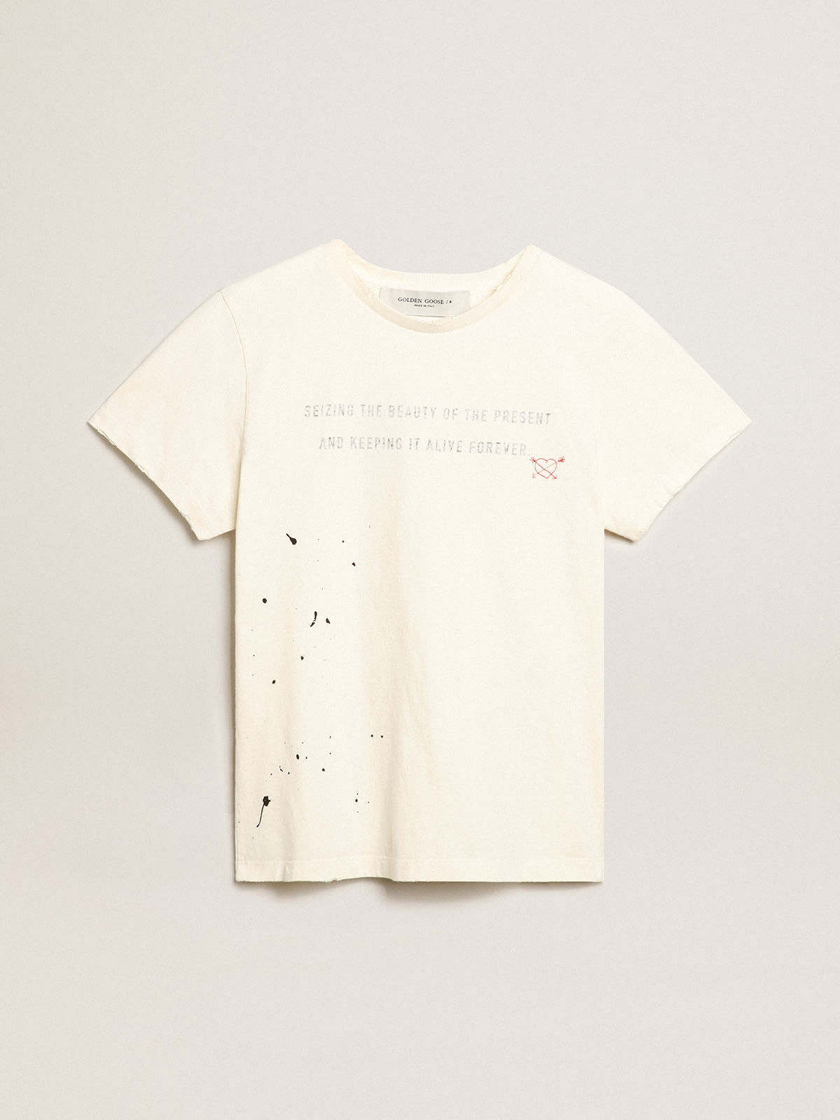 Golden Goose - T-shirt di colore bianco con scritta e ricamo in 