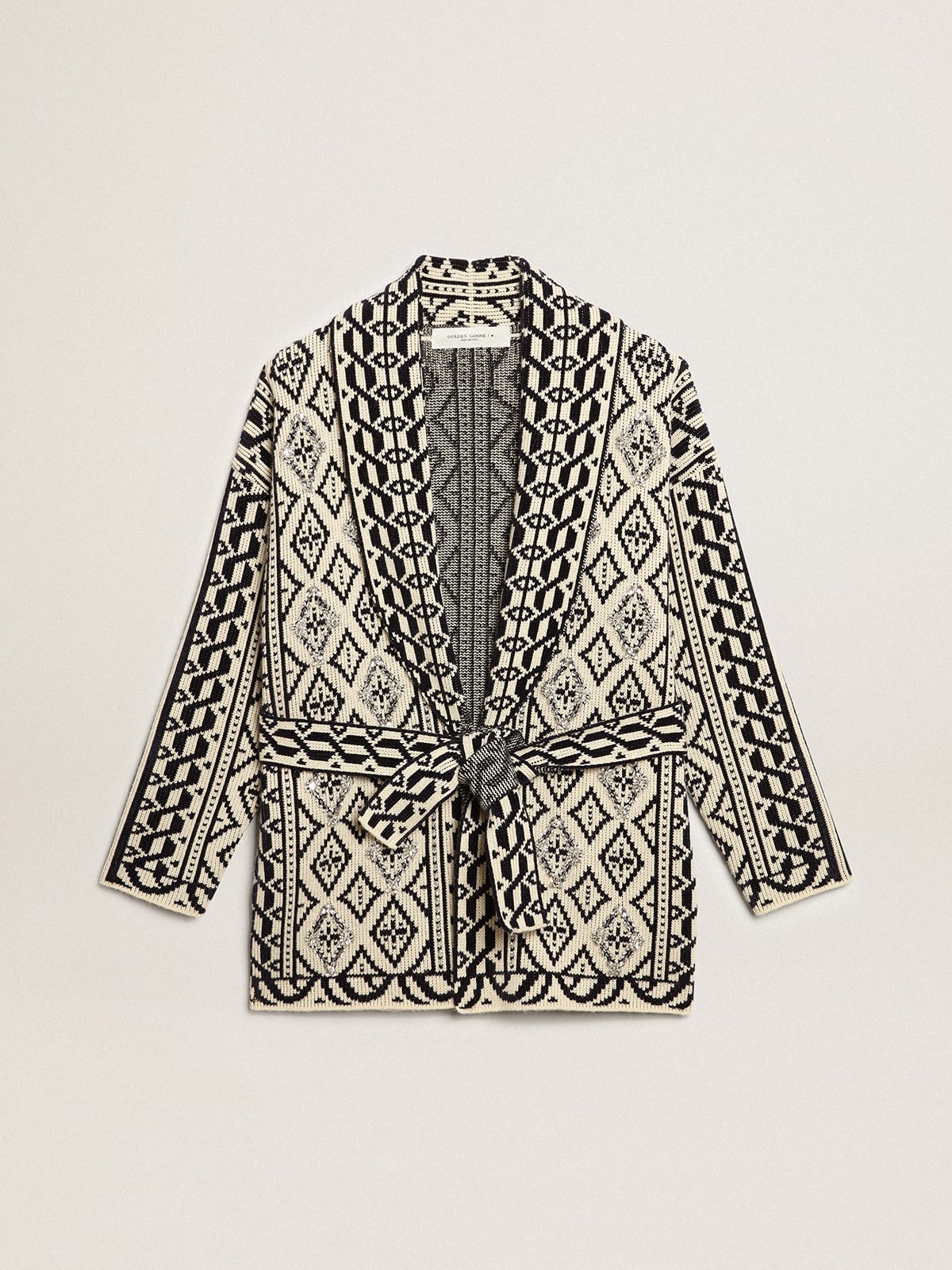 Golden Goose - Cardigan in papyrus-colored wool with jacquard motif and crystals in 