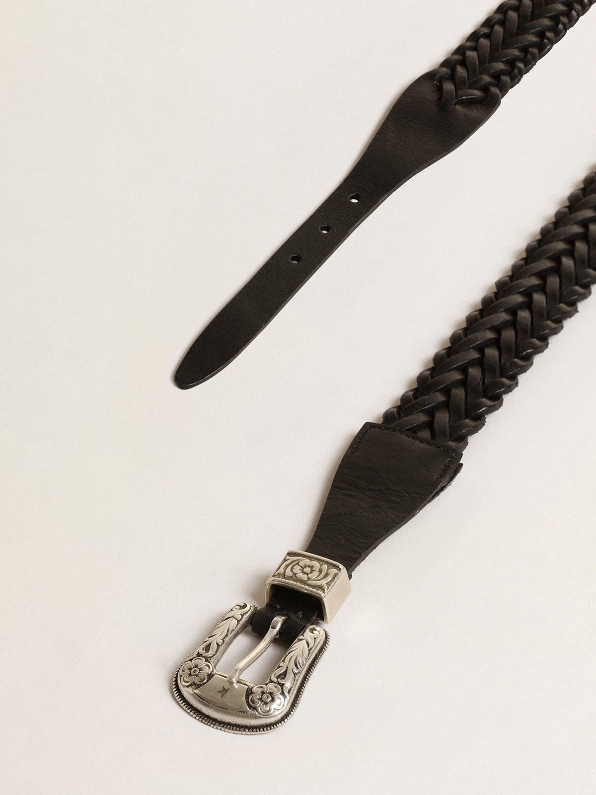 Golden Goose - Belt in black braided leather with silver color buckle in 