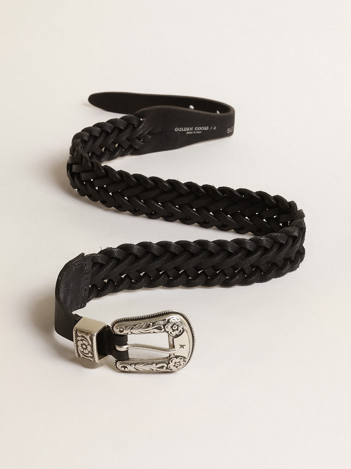 Golden Goose - Belt in black braided leather with silver color buckle in 