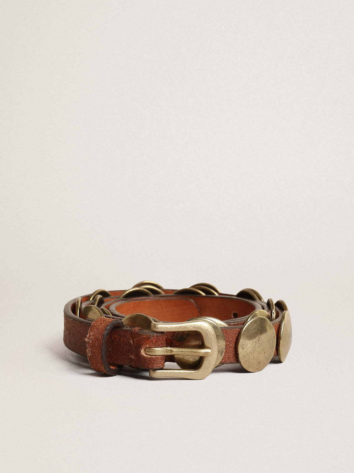 Golden Goose - Trinidad belt in aged tan-colored leather with golden maxi studs in 