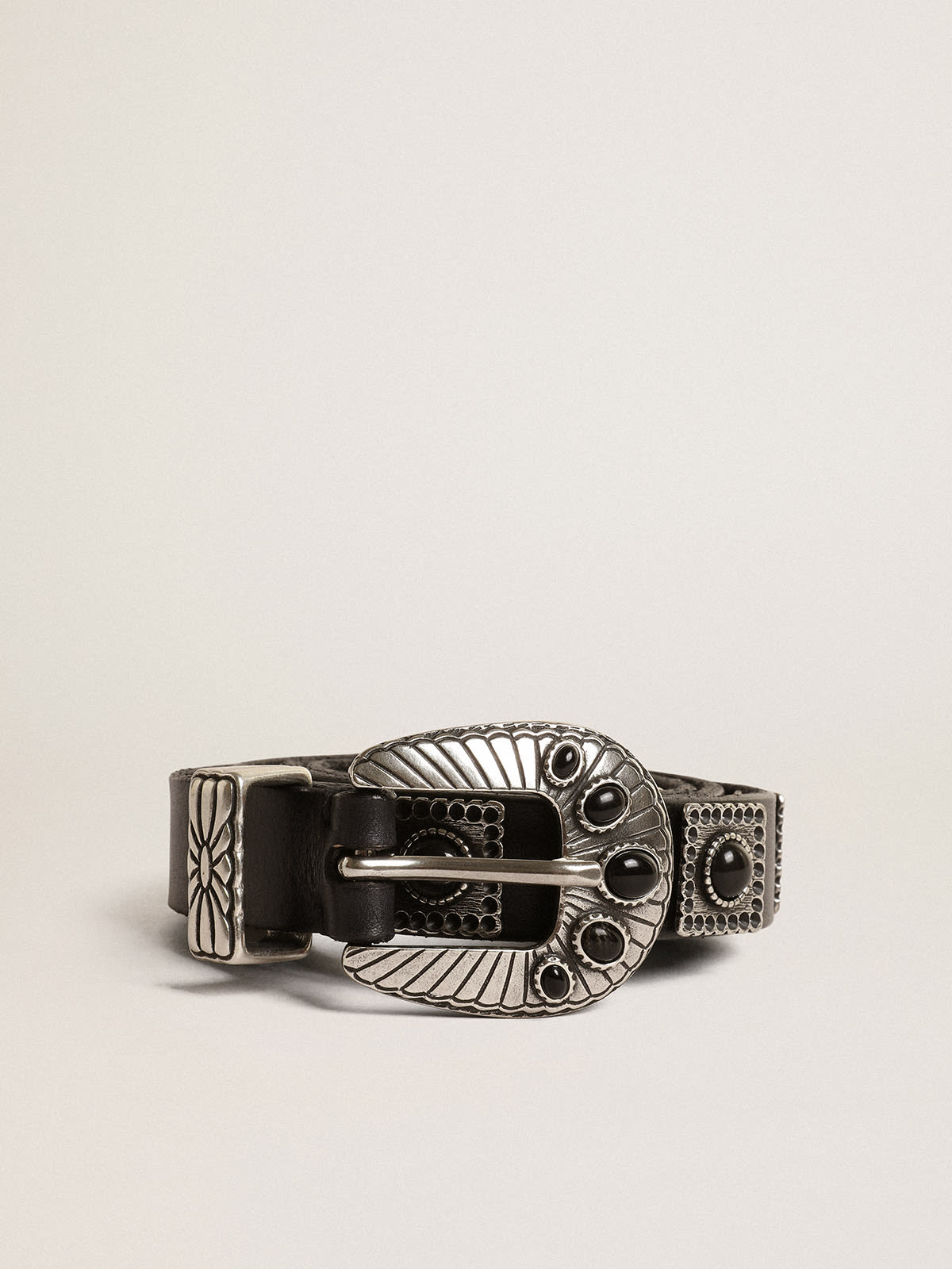 Shell belt in black leather with silver colored studs | Golden Goose