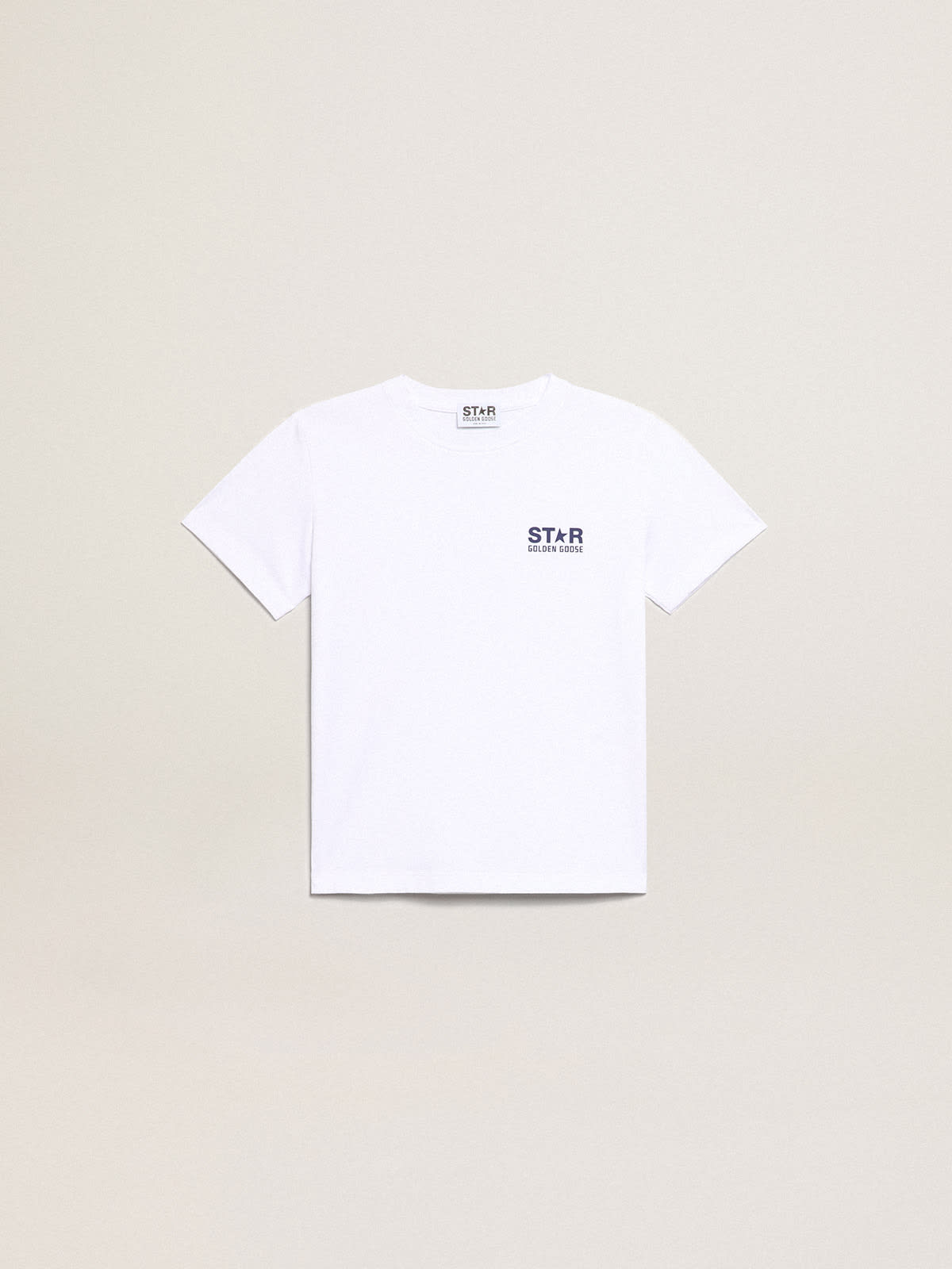 Golden Goose - Boys’ white T-shirt with contrasting dark blue logo and star in 