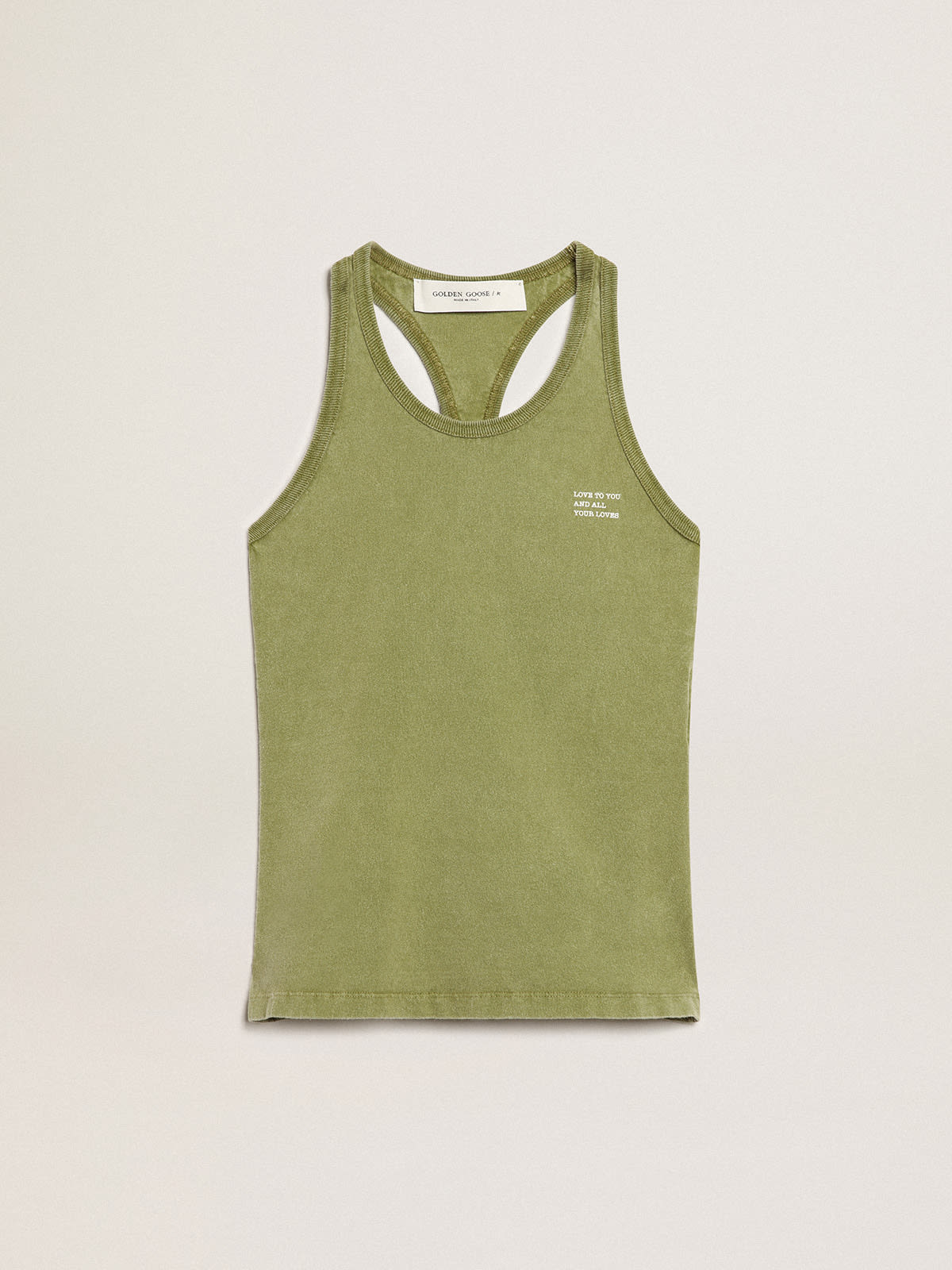 Golden Goose - Pesto-green tank top with white lettering on the front in 