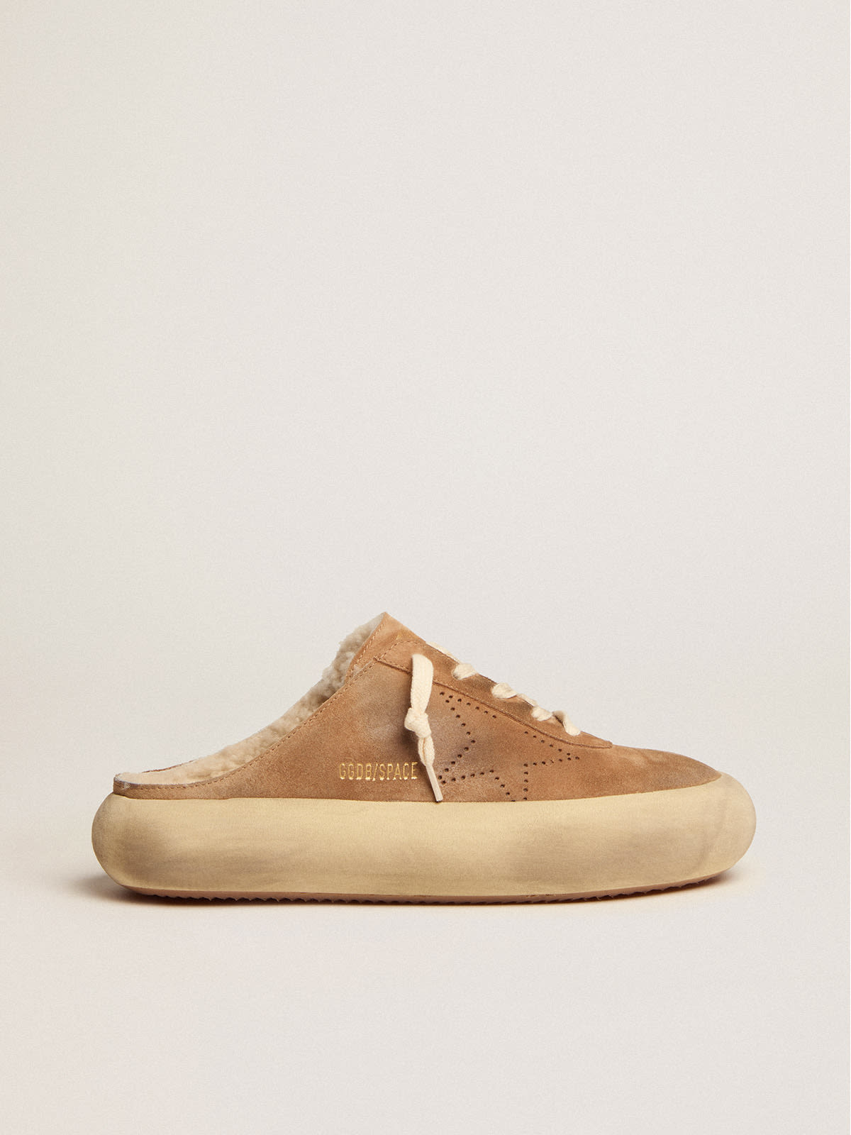 Golden Goose - Scarpe Space-Star Sabot Donna in suede color tabacco e fodera in shearling in 