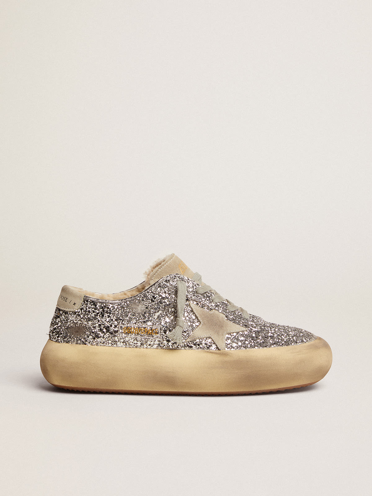 Golden Goose - Women's Space-Star shoes in silver glitter with shearling lining in 