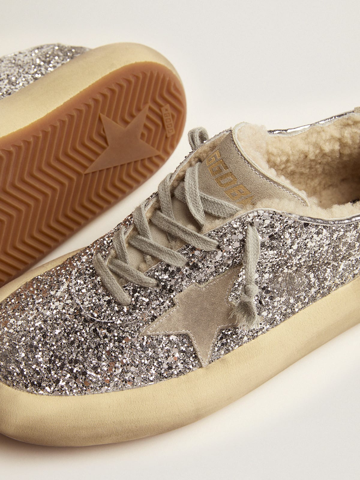 Golden Goose - Women's Space-Star shoes in silver glitter with shearling lining in 