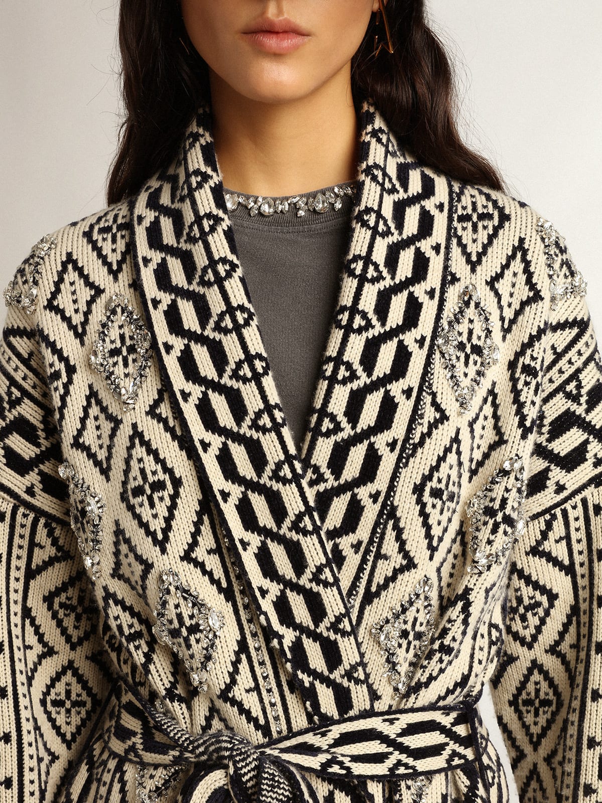 Golden Goose - Cardigan in papyrus-colored wool with jacquard motif and crystals in 