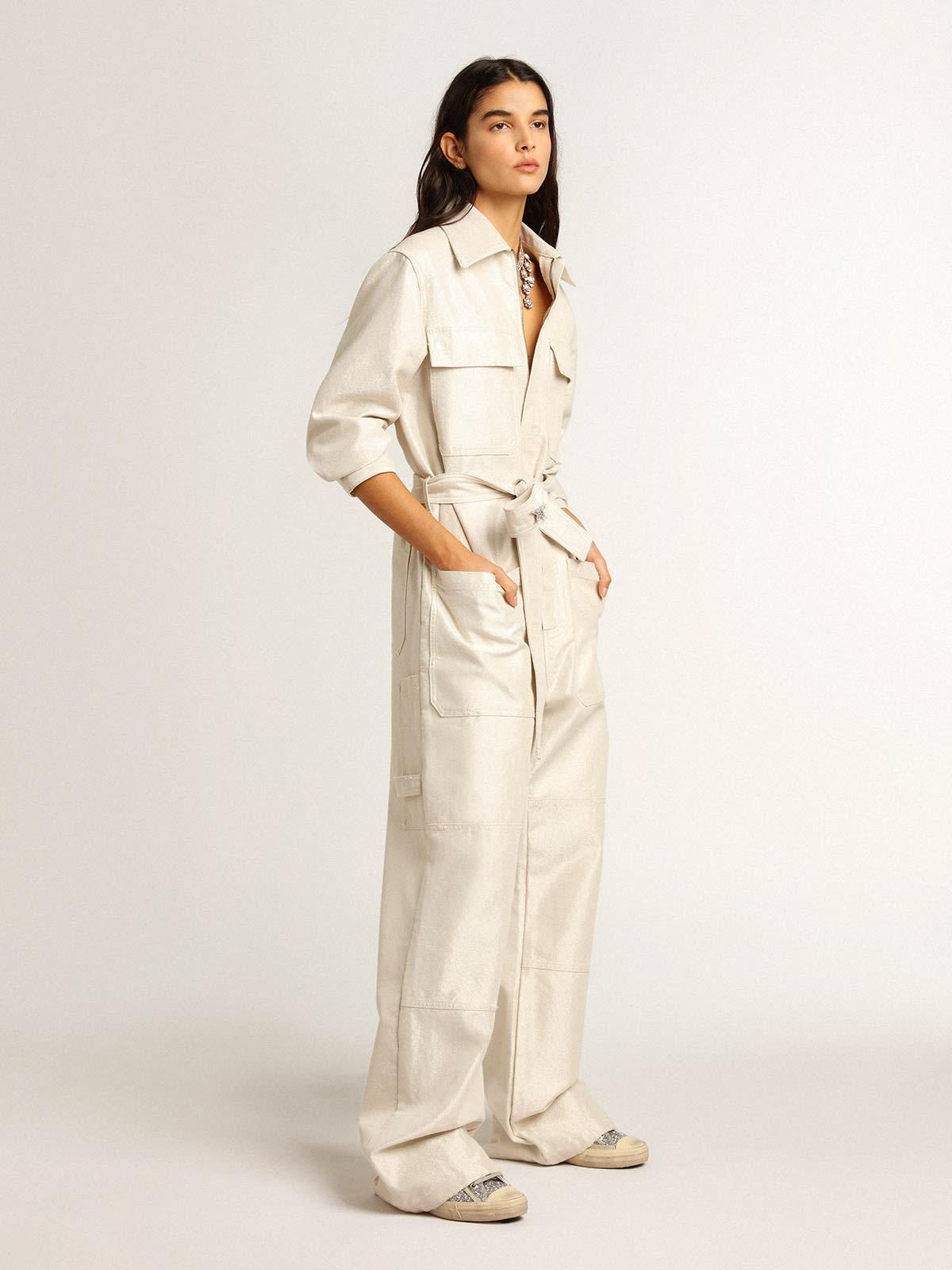 All white outlet jean jumpsuit