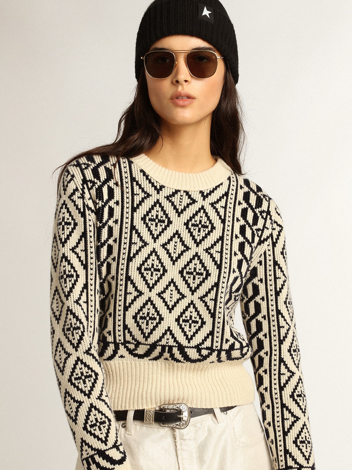 Golden Goose - Cropped round-neck sweater with parchment and blue geometric pattern  in 