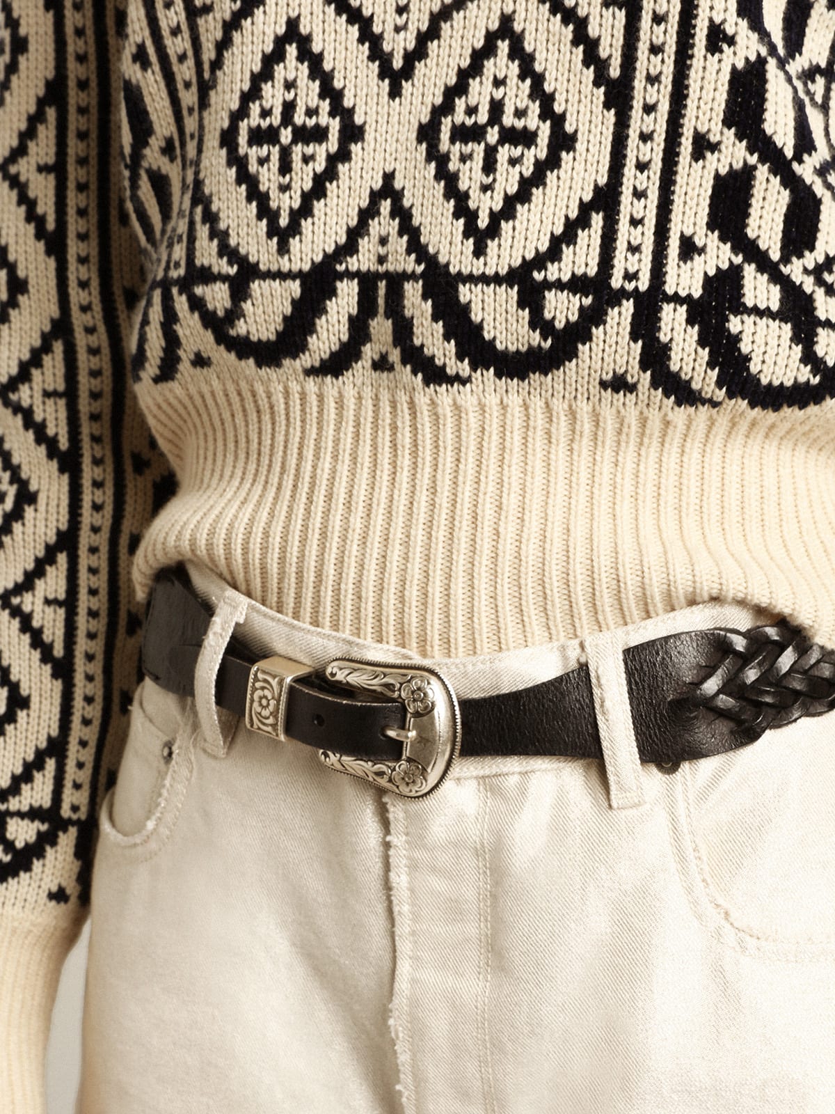 Golden Goose - Belt in black braided leather with silver color buckle in 