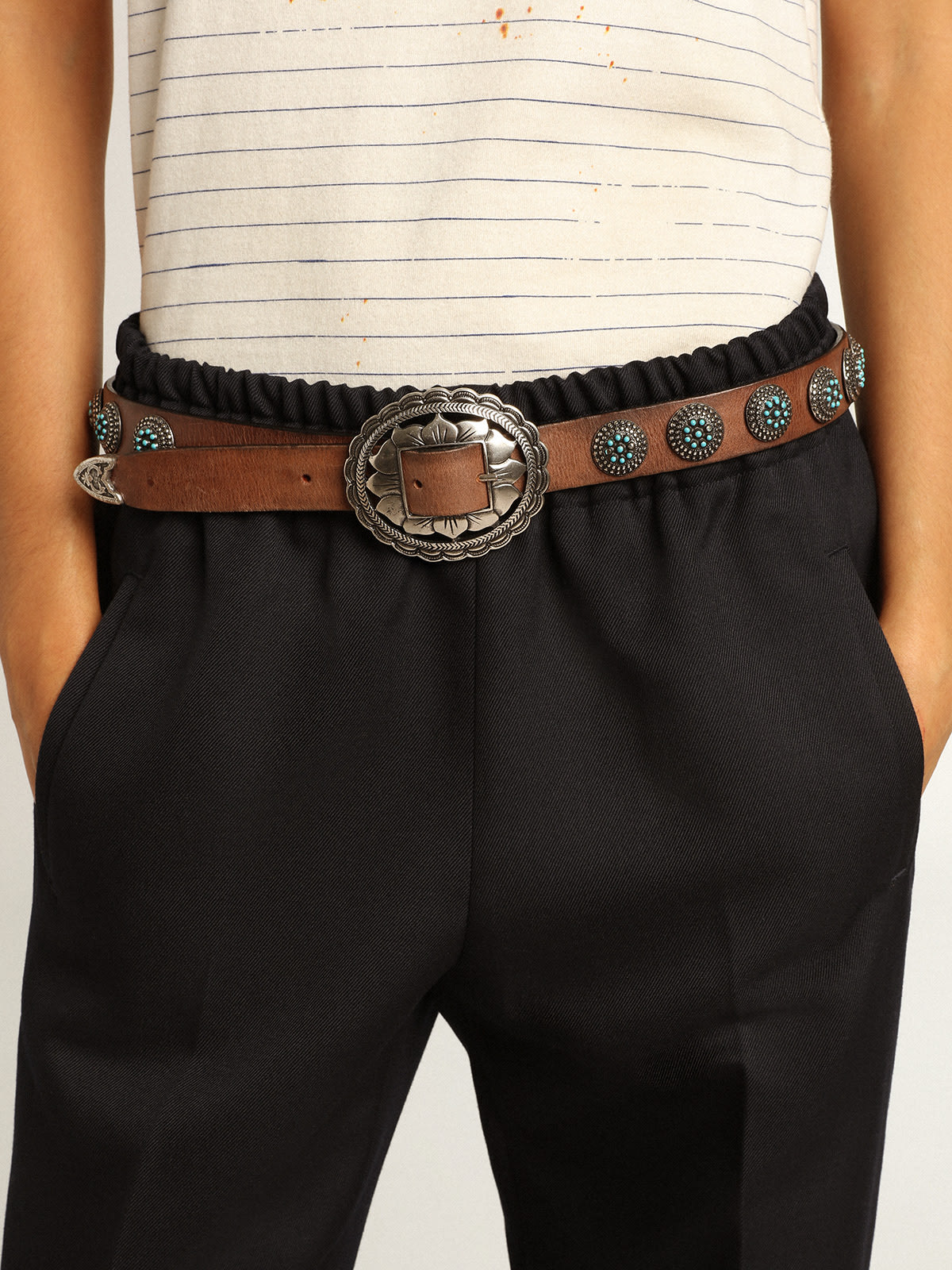 Golden Goose - Women's belt in dark brown leather with silver studs in 