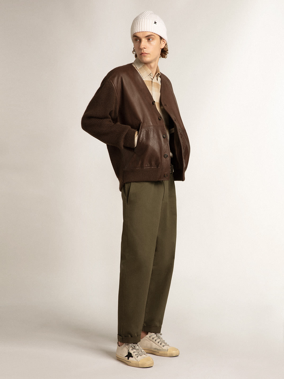 Golden Goose - Chocolate-colored leather and knit V-neck cardigan in 