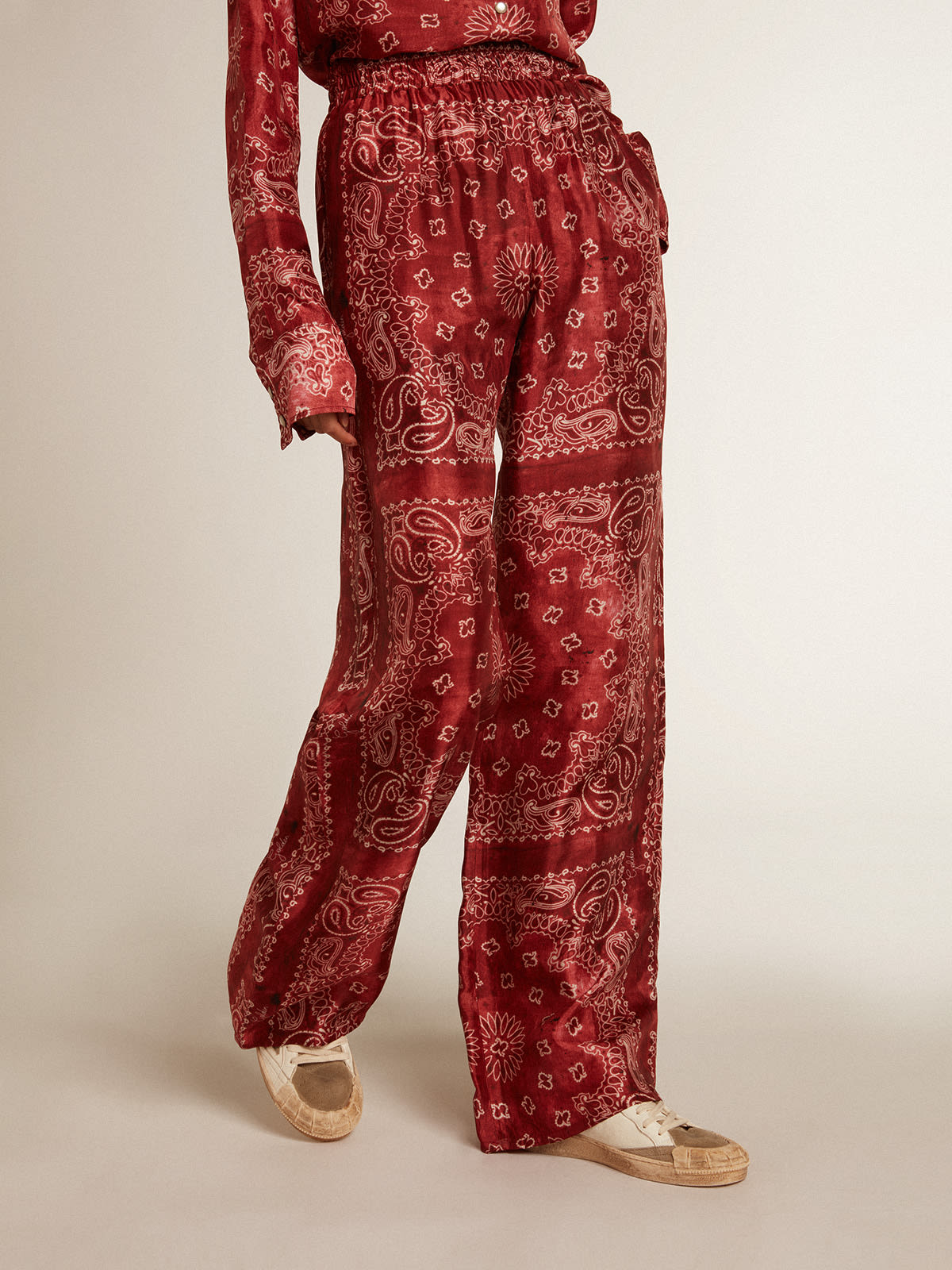 Women's burgundy joggers with paisley print