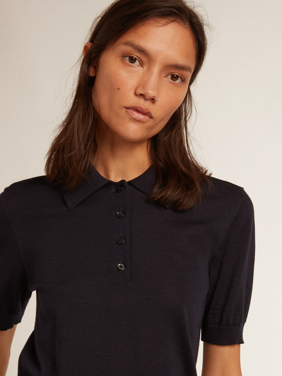 Golden Goose - Women’s polo shirt in navy-blue merino wool in 