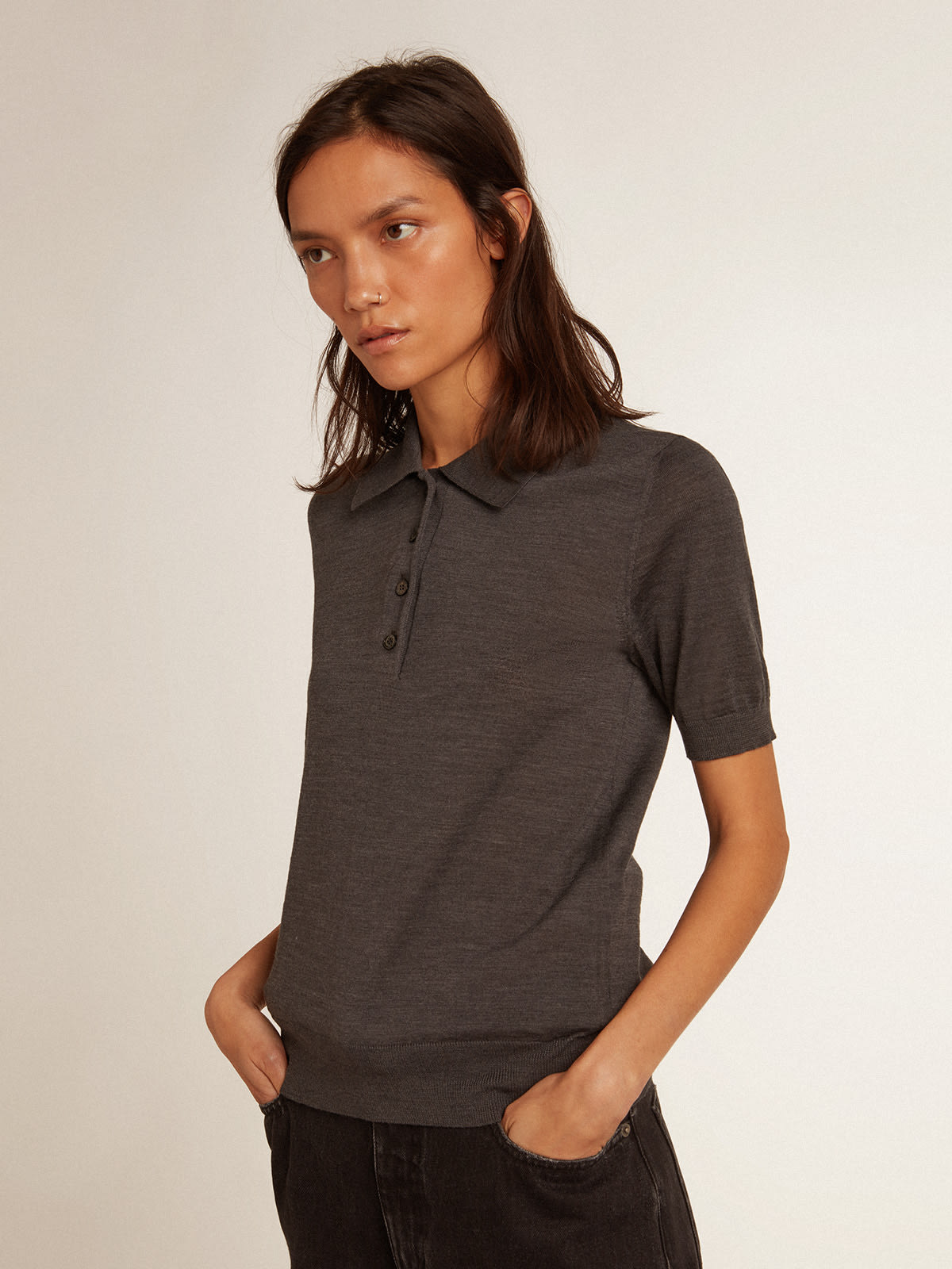 Golden Goose - Women’s polo shirt in anthracite merino wool in 