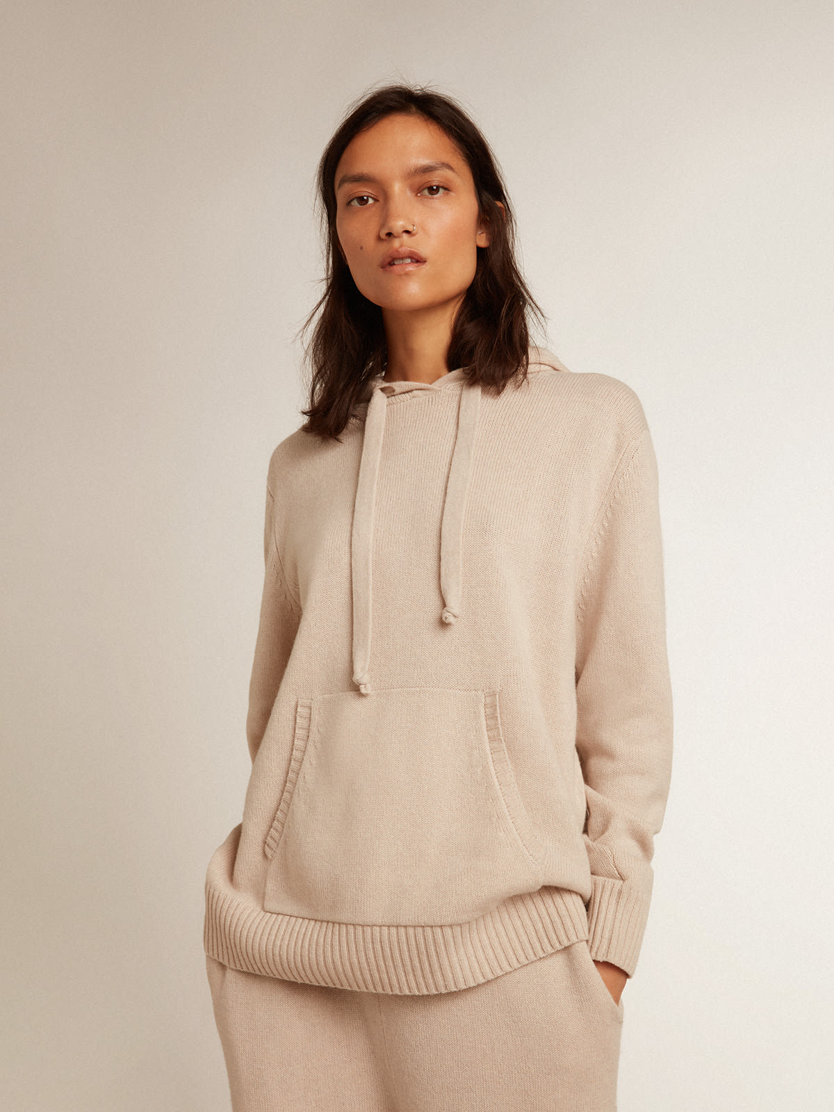 Sweat-shirt blanc pour femme en cachemire mélangé à capuche