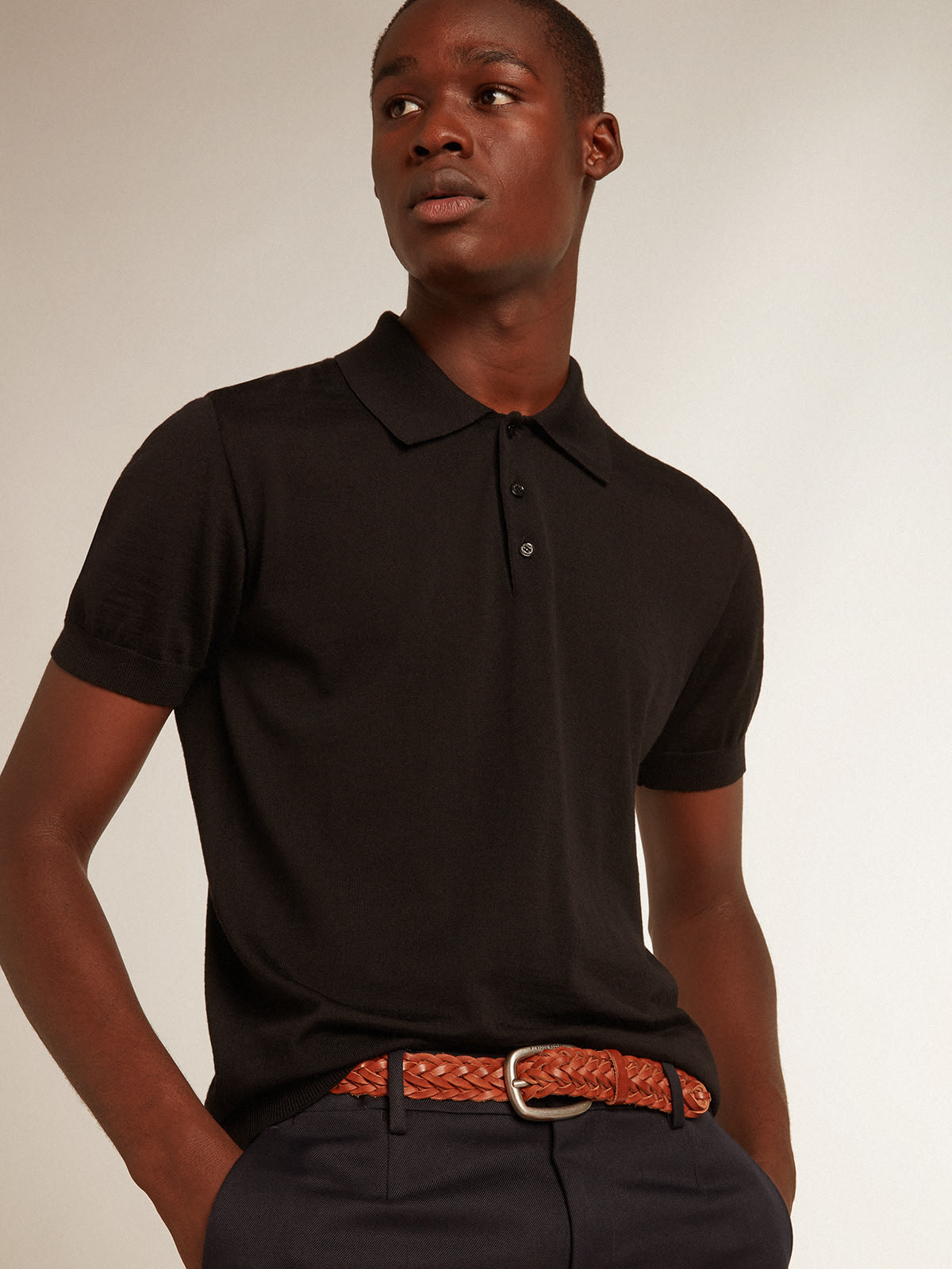 Golden Goose - Men’s short-sleeved polo shirt in black merino wool in 