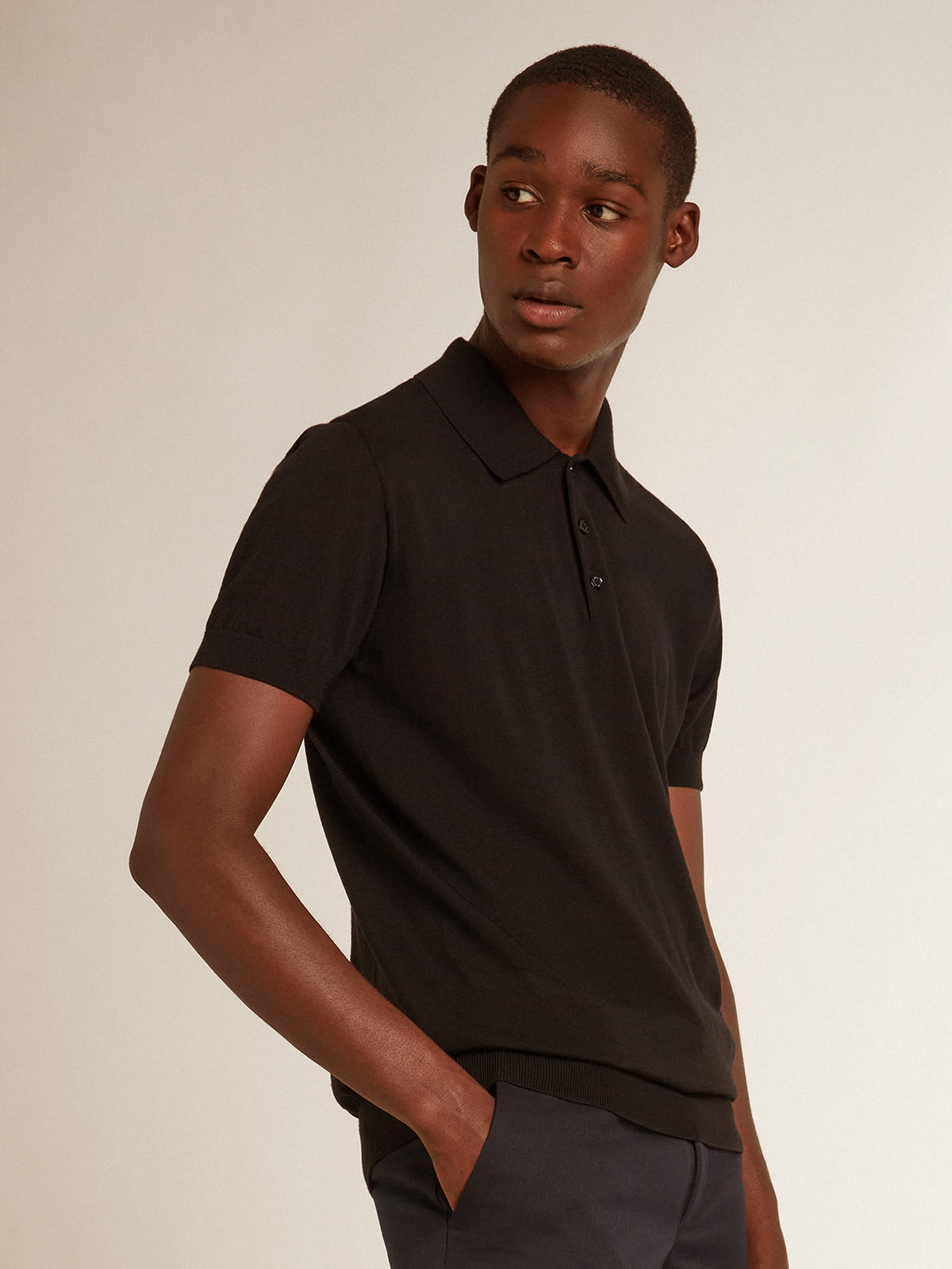 Golden Goose - Men’s short-sleeved polo shirt in black merino wool in 