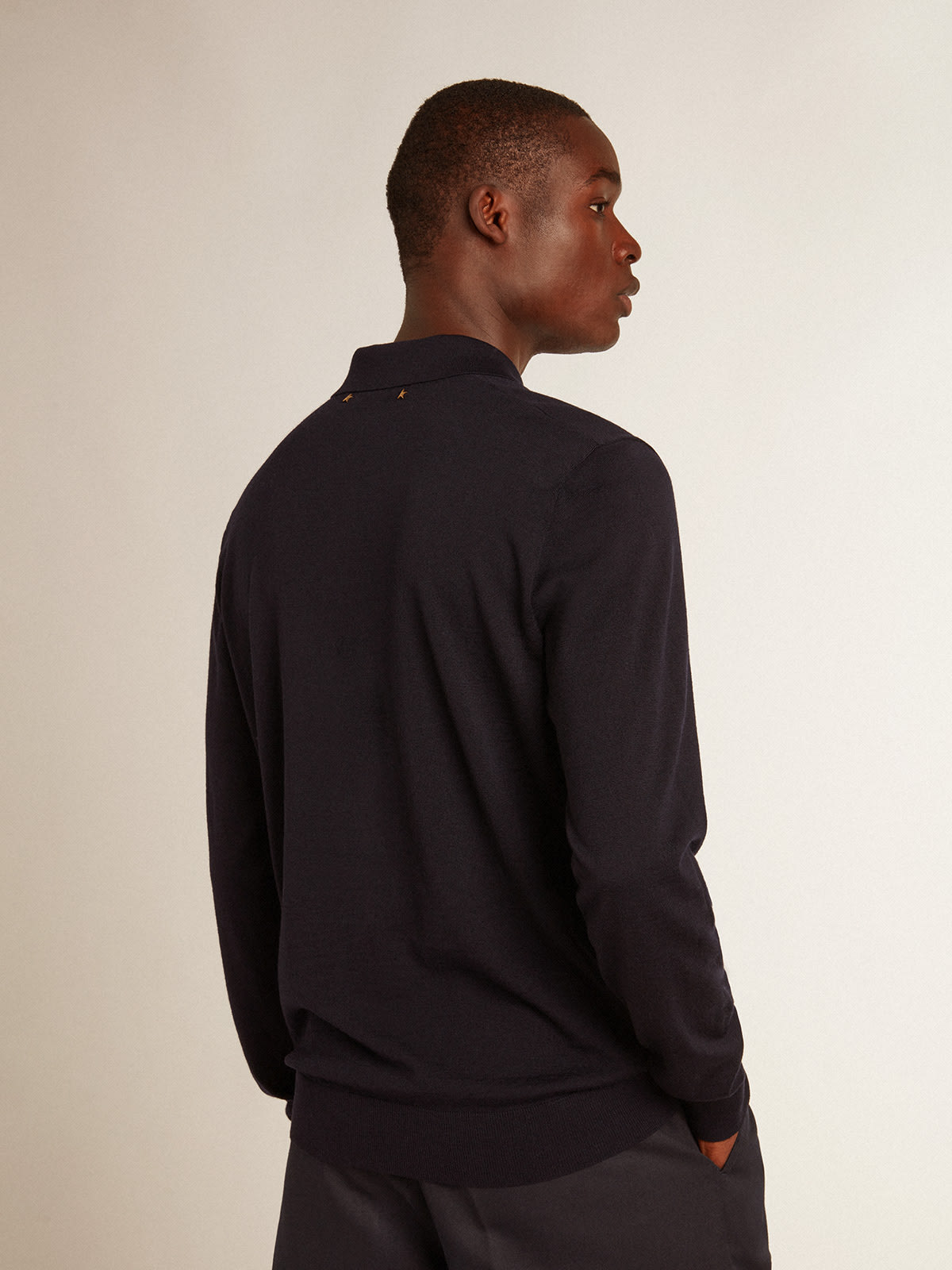 Golden Goose - Men’s long-sleeved polo shirt in navy-blue merino wool in 