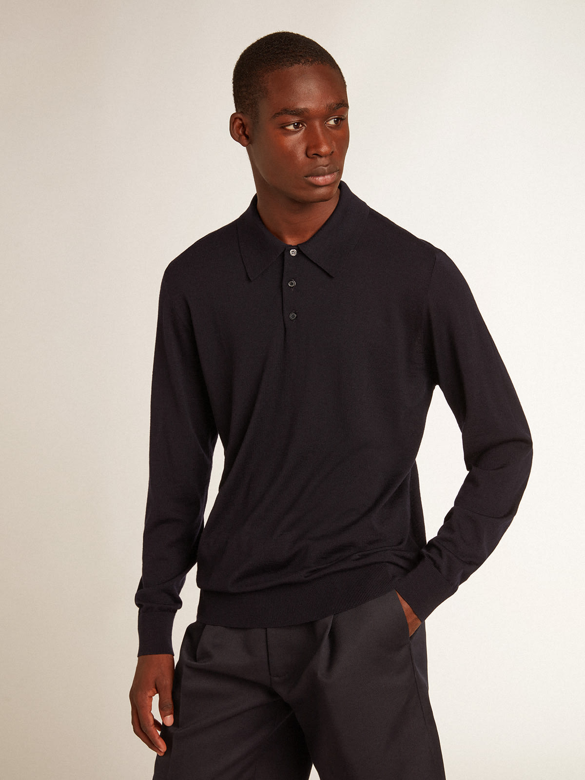 Golden Goose - Men’s long-sleeved polo shirt in navy-blue merino wool in 