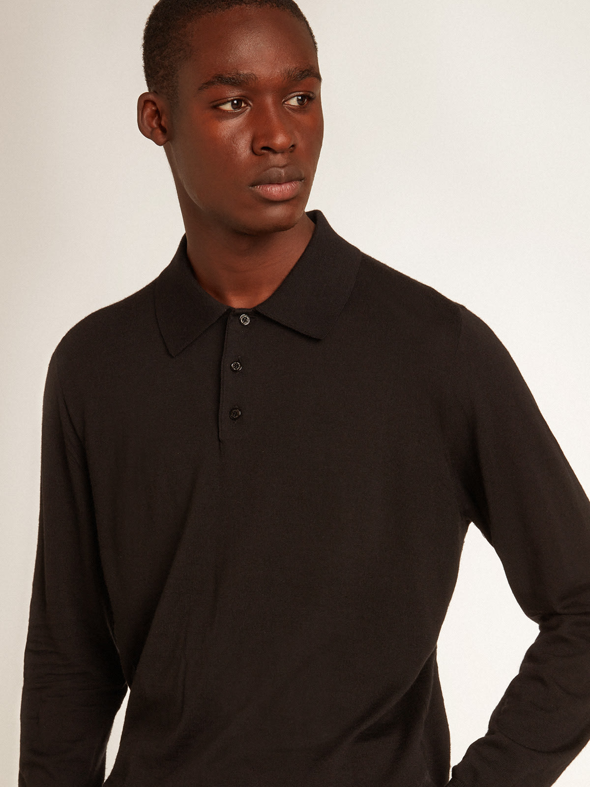 Men's long-sleeved polo shirt in black merino wool | Golden Goose