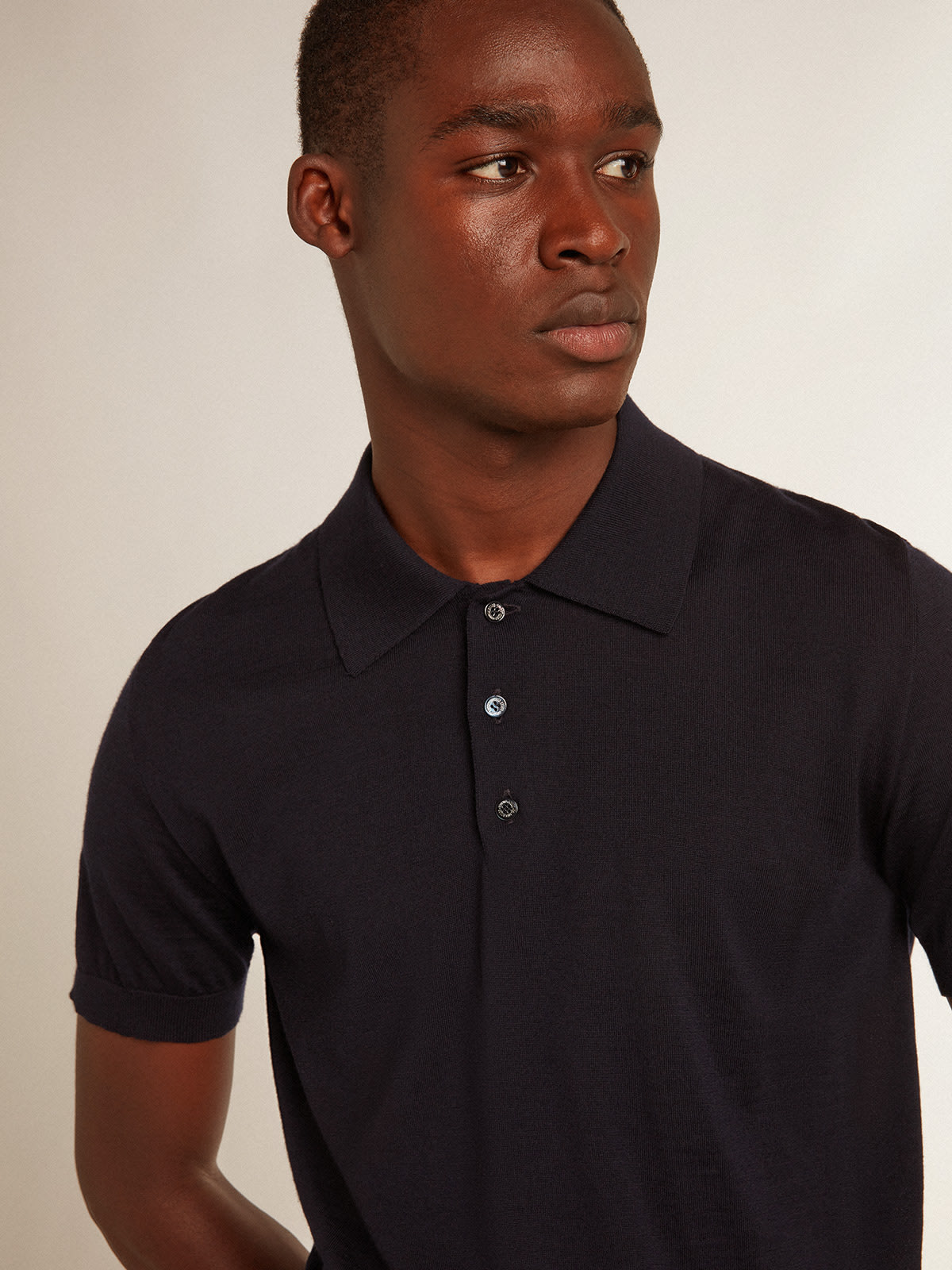 Golden Goose - Men’s short-sleeved polo shirt in navy-blue merino wool in 