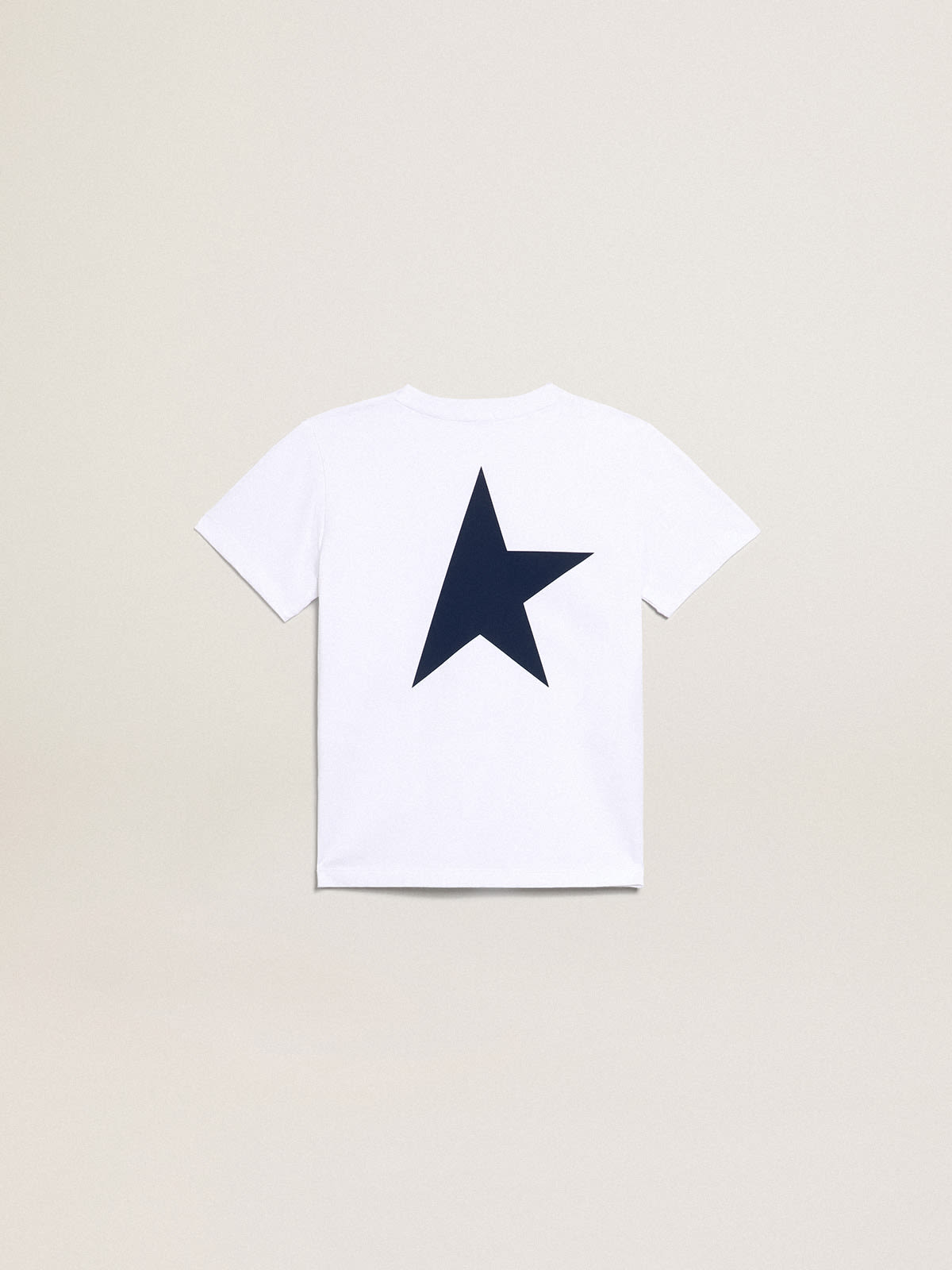 Golden Goose - Weißes Jungen-T-Shirt mit Logo und Stern in dunkelblauem Kontrastton in 