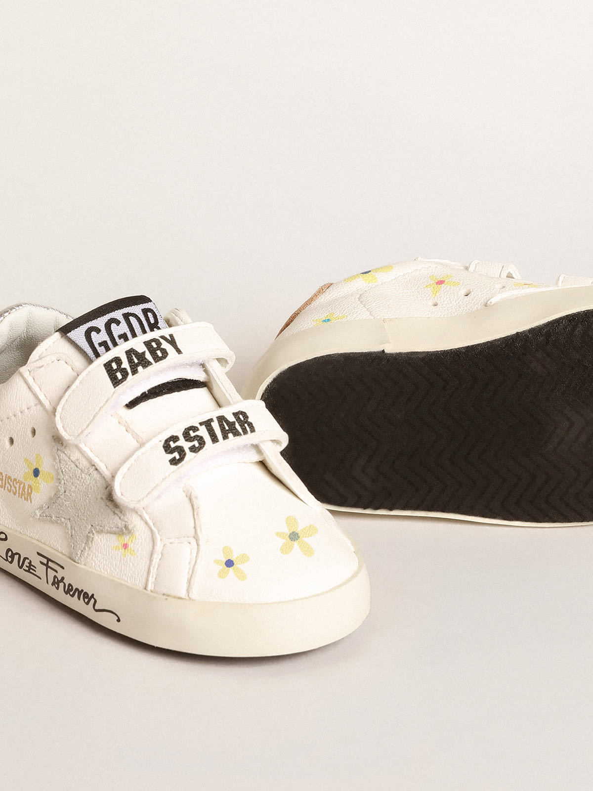 Golden Goose - Baby School with floral print and ice-gray suede star in 