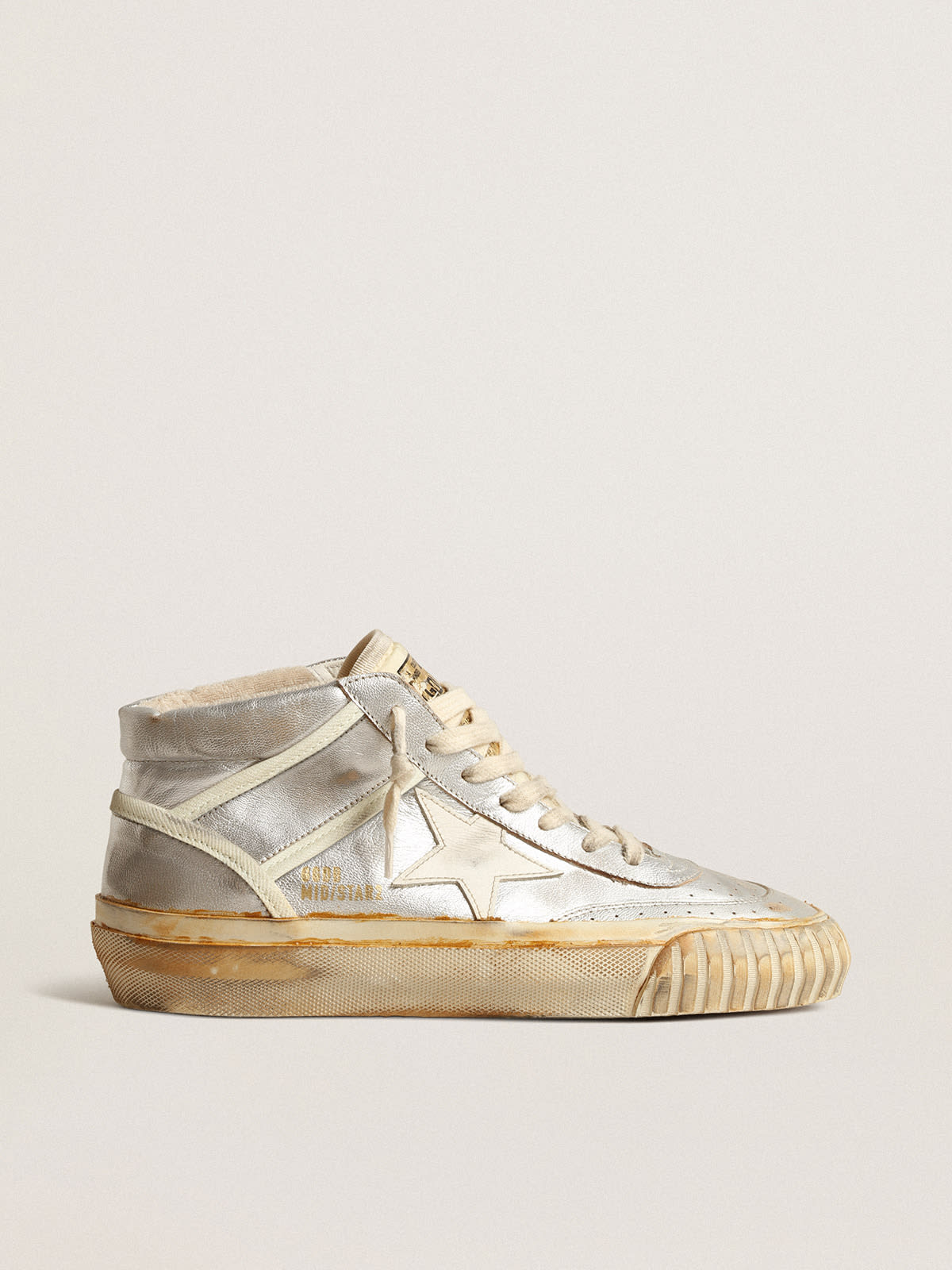 Golden Goose - Men’s Mid Star in silver metallic leather with ivory star in 