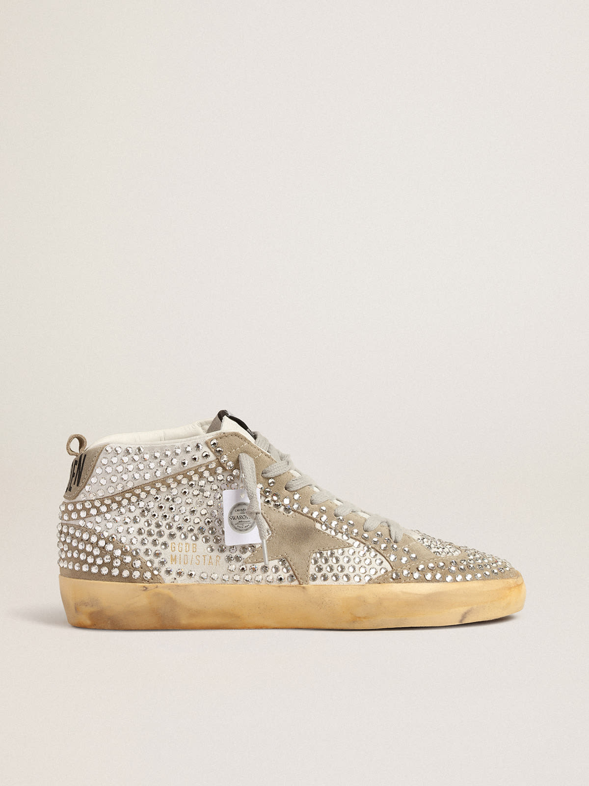 Golden Goose - Mid Star LTD in suede bianco e tortora con cristalli Swarovski in 